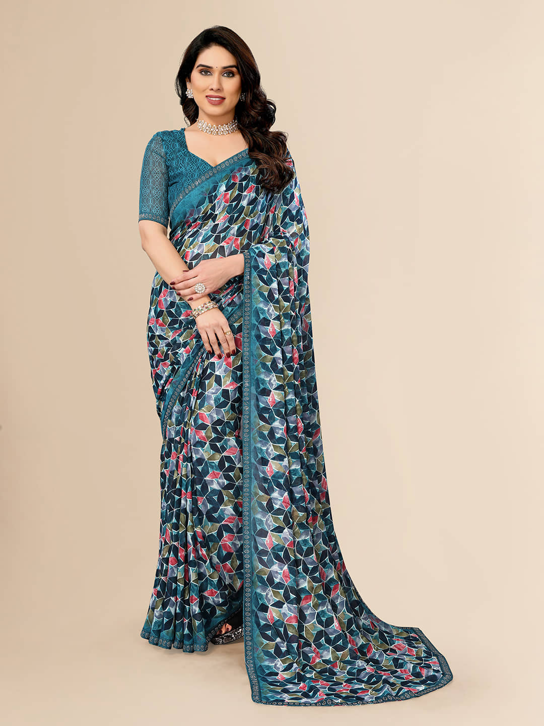 Kashvi Sarees Georgette Printed Saree With Unstitched Blouse Piece ( Teal ) - Sarees | Buy online on ZillyBuy