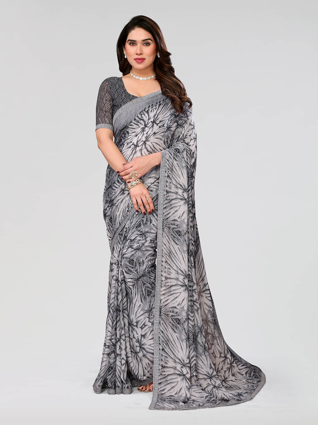     			Kashvi Sarees Georgette Printed Saree With Unstitched Blouse Piece ( Grey )