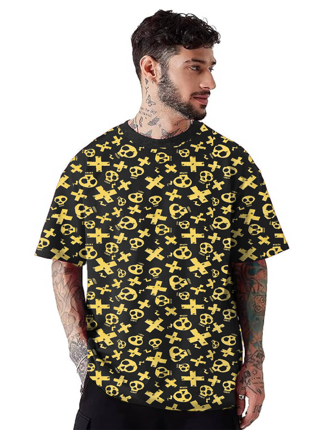 Leotude Men Cotton Blend Oversized Fit Printed T-Shirt ( Black )