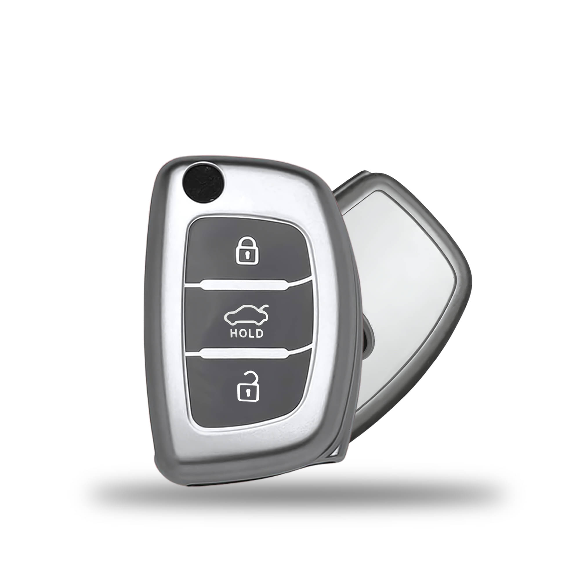     			SIAGO TPU Key Cover and Metal Keychain Compatible for Hyundai i 20, Xcent,Verna Flude 3 Button Flip Smart Key Cover (Grey Pack of 1)