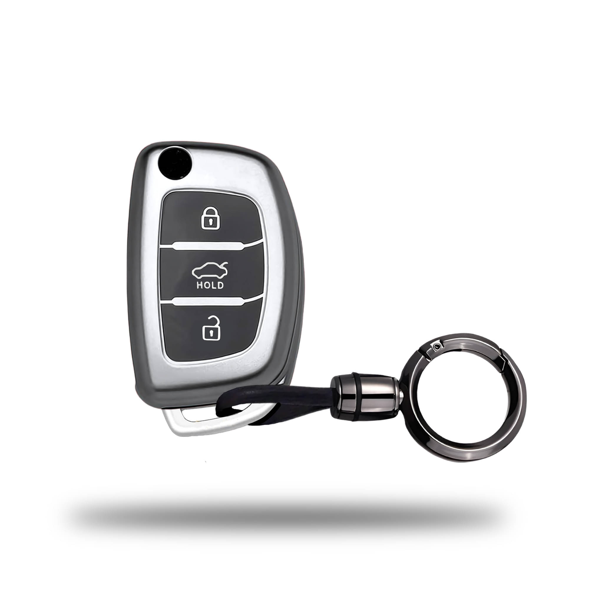     			SIAGO TPU Key Cover and Round Keychain Compatible for Hyundai i 20, Xcent,Verna Flude 3 Button Flip Smart Key Cover Grey
