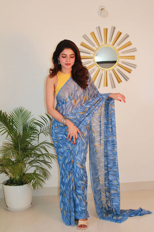     			Sanwariya Silk Georgette Printed Saree With Unstitched Blouse Piece ( Blue )