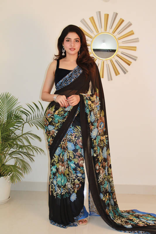     			Sitanjali Georgette Printed Saree With Unstitched Blouse Piece ( Blue )