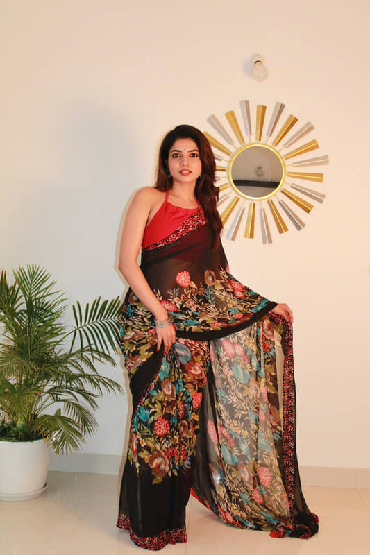     			Sitanjali Georgette Printed Saree With Unstitched Blouse Piece ( Red )