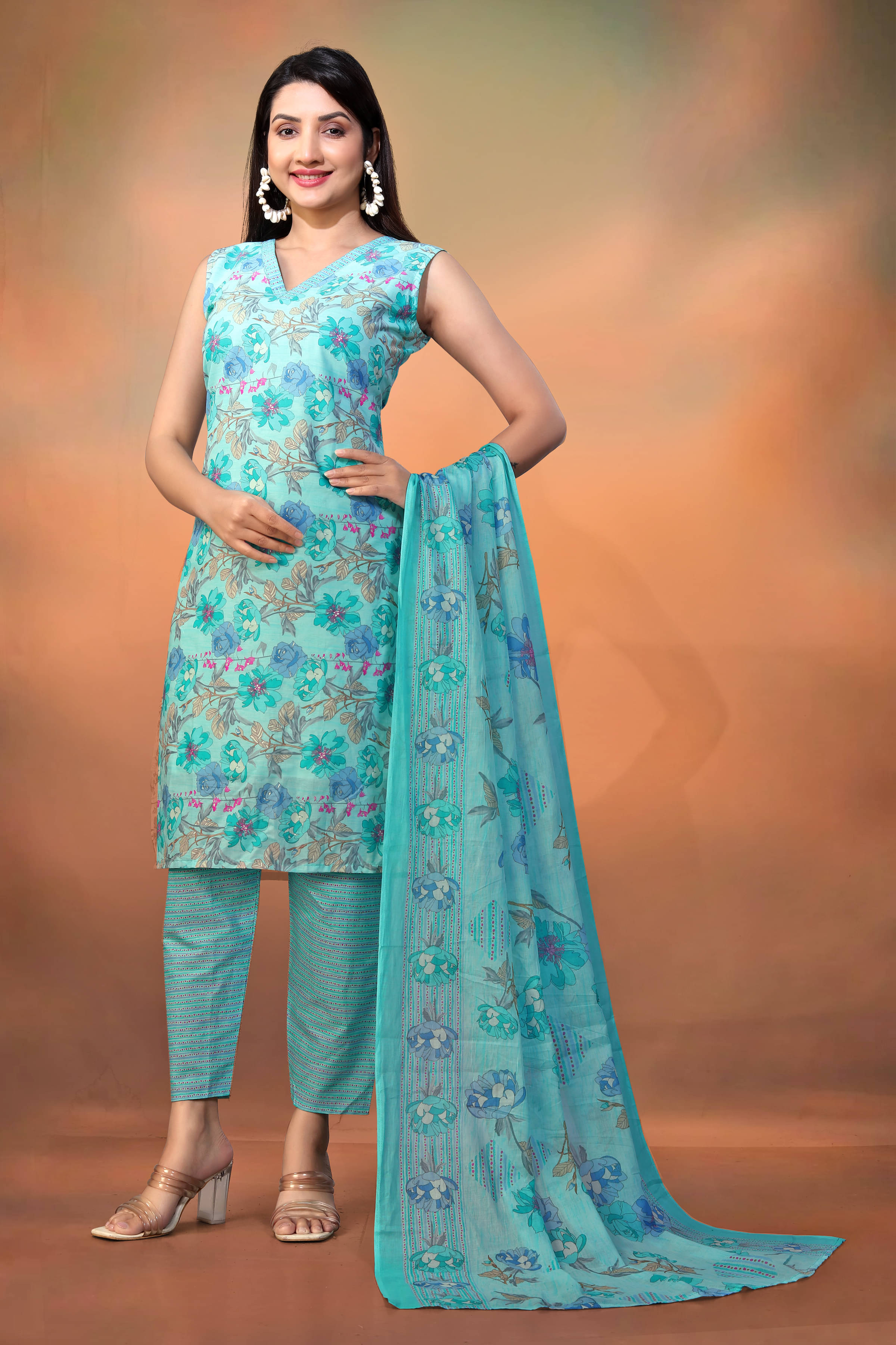     			Varni Fabrics Cotton Blend Printed Kurti With Pants Women's Stitched Salwar Suit - Blue ( Pack of 1 )