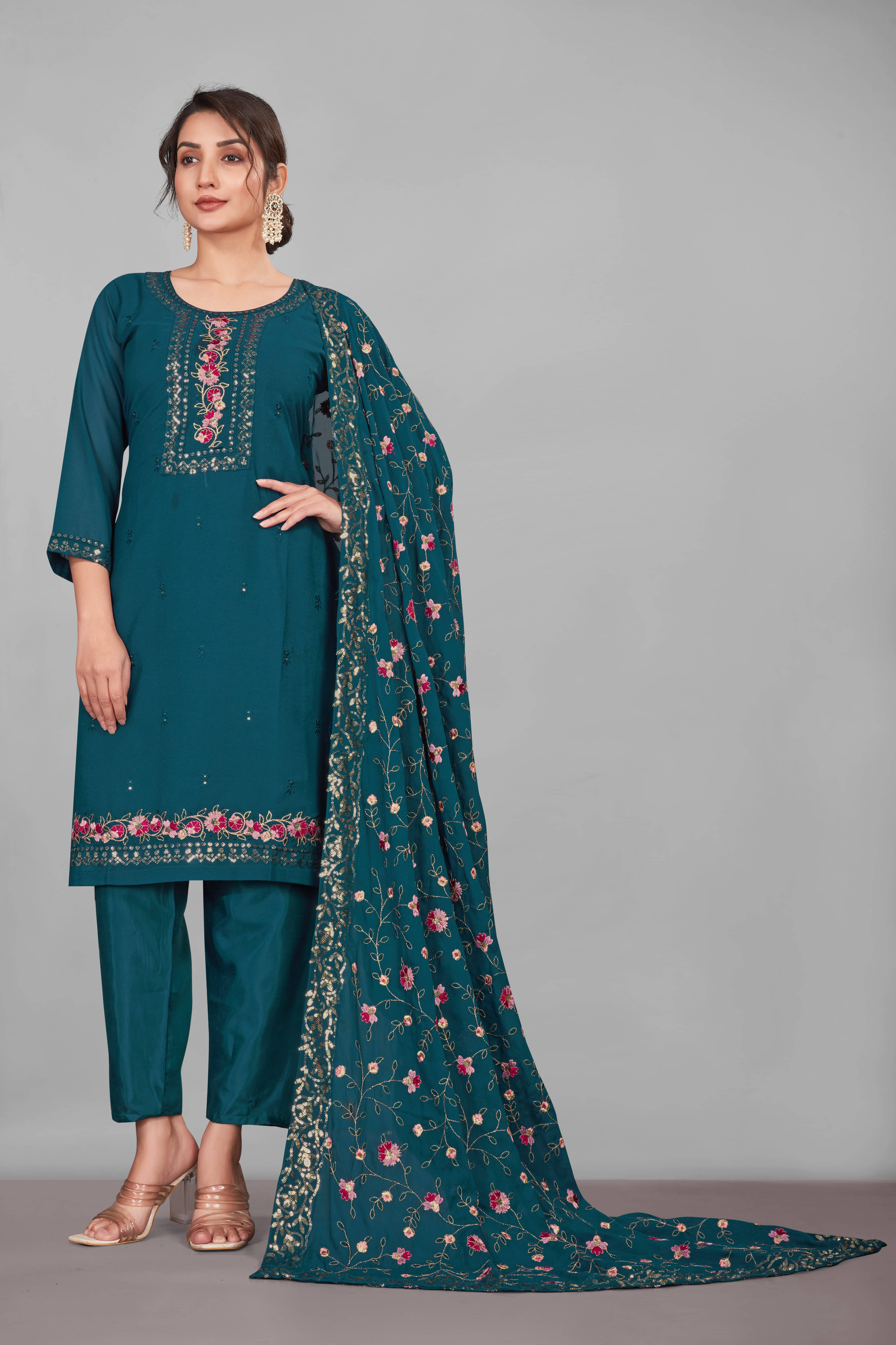 Varni Fabrics Women Georgette Embroidered Straight Kurti With Patiala Salwar ( Sea Green ) Varni Fabrics Women Georgette Embroidered Straight Kurti With Patiala Salwar ( Sea Green )