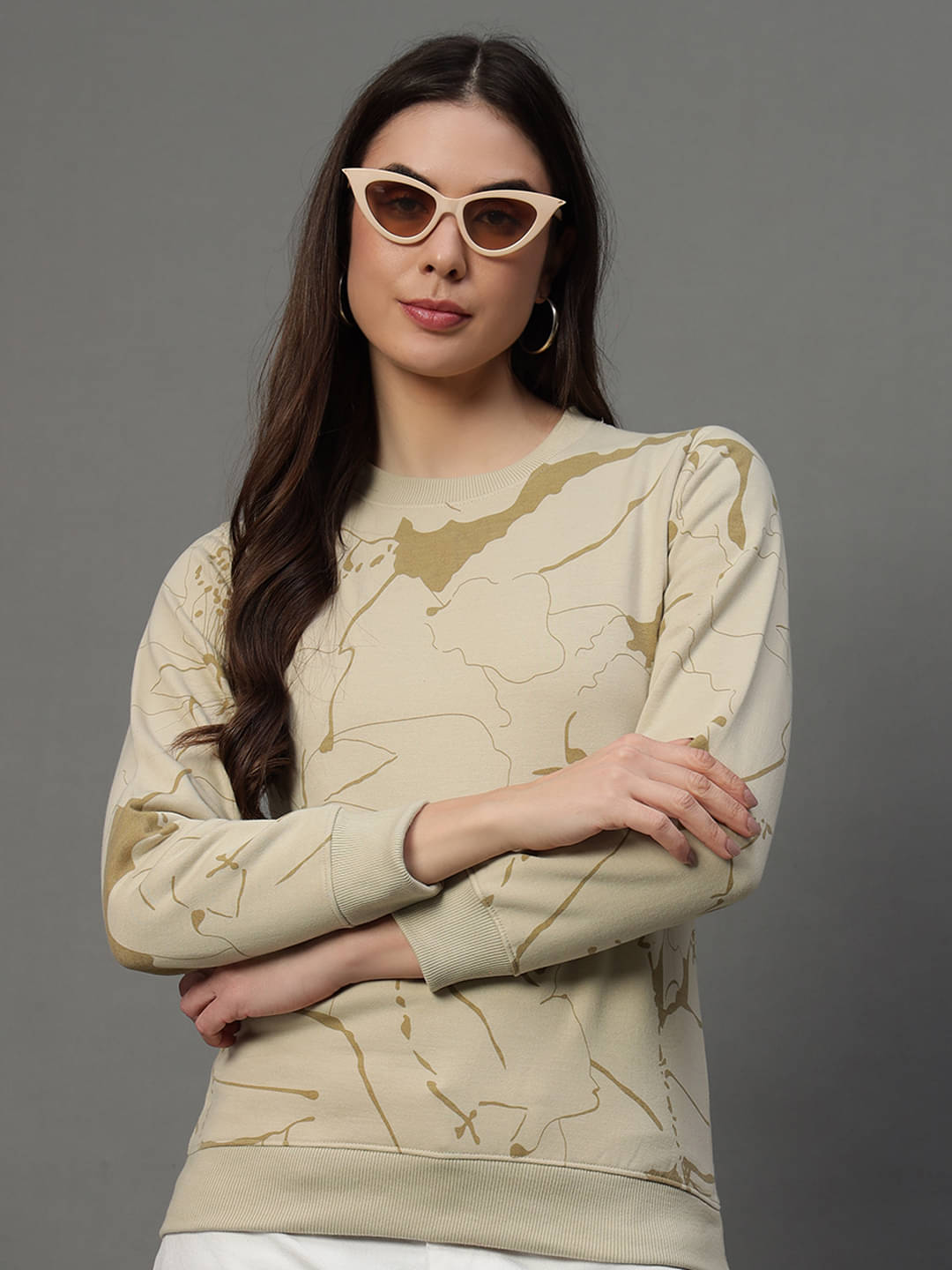 XYRIS Women Cotton Blend Round Neck Sweatshirt ( Beige )     			XYRIS Women Cotton Blend Round Neck Sweatshirt ( Beige )