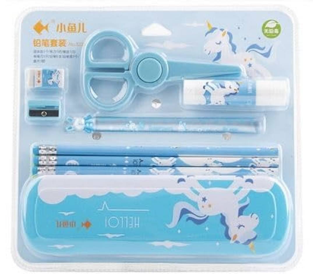     			2665F2-FLIPCLIPS 12 PC Blue Unicorn Stationary Kit with 1 Pencil Box Case, 6 Pencils, 1Scissor, 1 Sharpener, 1 Eraser, 1 SCALE&1 Fevistick Kit for Kids ( Blue)