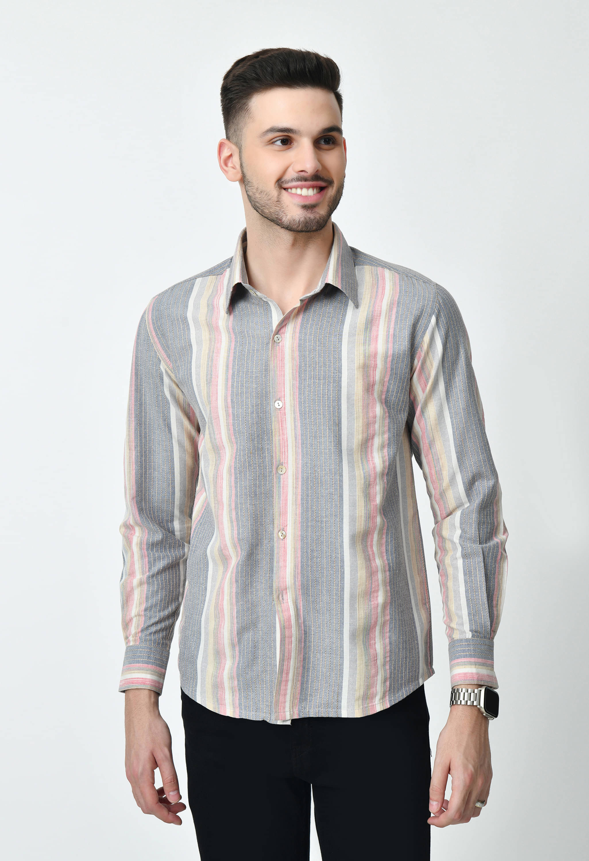 ALL WAYS YOU Cotton Blend Regular Fit Striped Full Sleeves Men's Casual Shirt - Grey ( Pack of 1 ) ALL WAYS YOU Cotton Blend Regular Fit Striped Full Sleeves Men's Casual Shirt - Grey ( Pack of 1 )