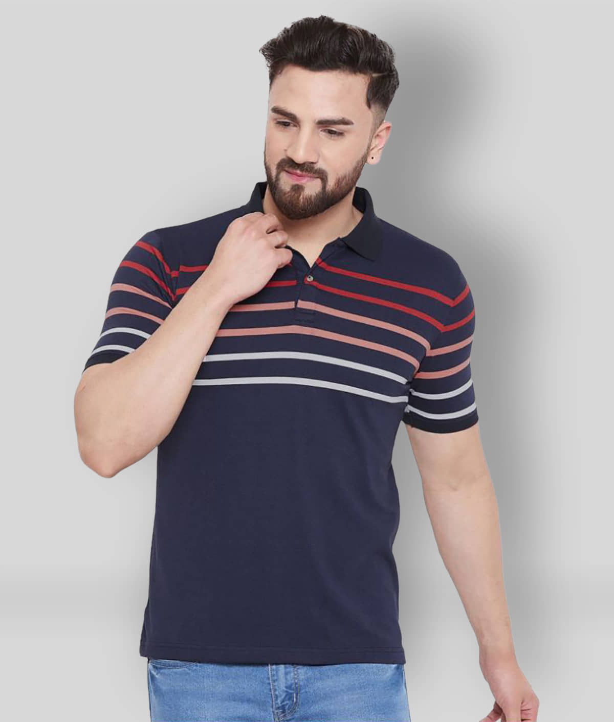 AUSTIN WOOD Pack of 1 Cotton Blend Regular Fit Striped Half Sleeves Men's Polo T Shirt ( Navy )