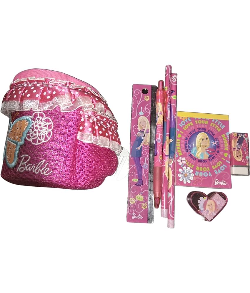 BARBIE STATIONERY GIFT SET,2 PENCILS,1 CLICK PENCIL,RULER,ERASER,SHARPNER,BARBIE NOTEPAD,ELEGANT CUP WITH PINKCLOTH ,FRILLS ALL AROUND