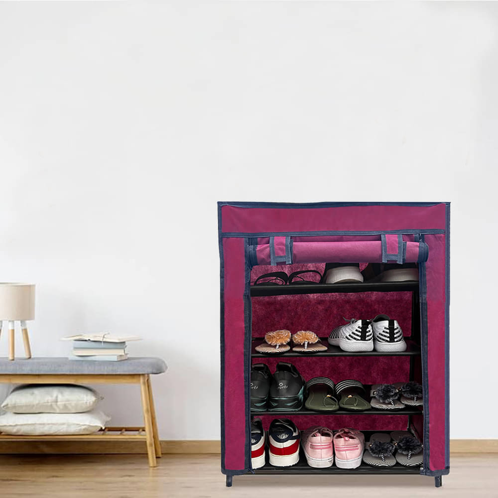     			BHIMADA 4 Layer Metal Shoe Rack Stand with Cover Shoe Organiser for Home & Office (Maroon)