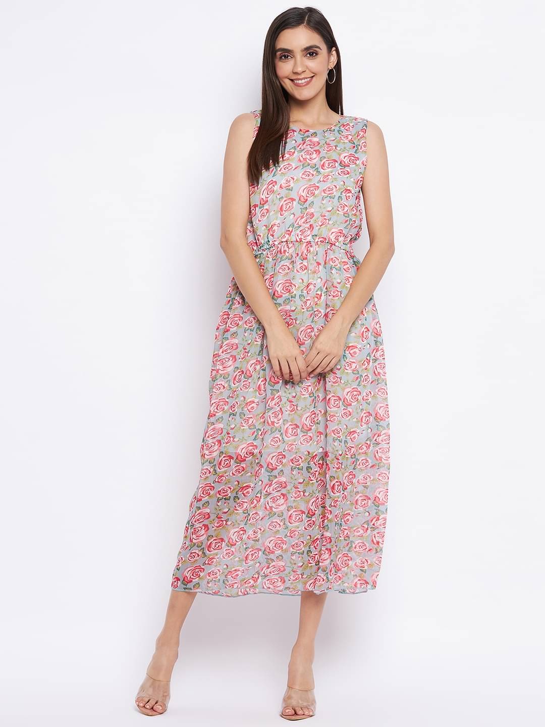 Camey Women Synthetic Printed A-line Dress ( Rose Gold )     			Camey Women Synthetic Printed A-line Dress ( Rose Gold )
