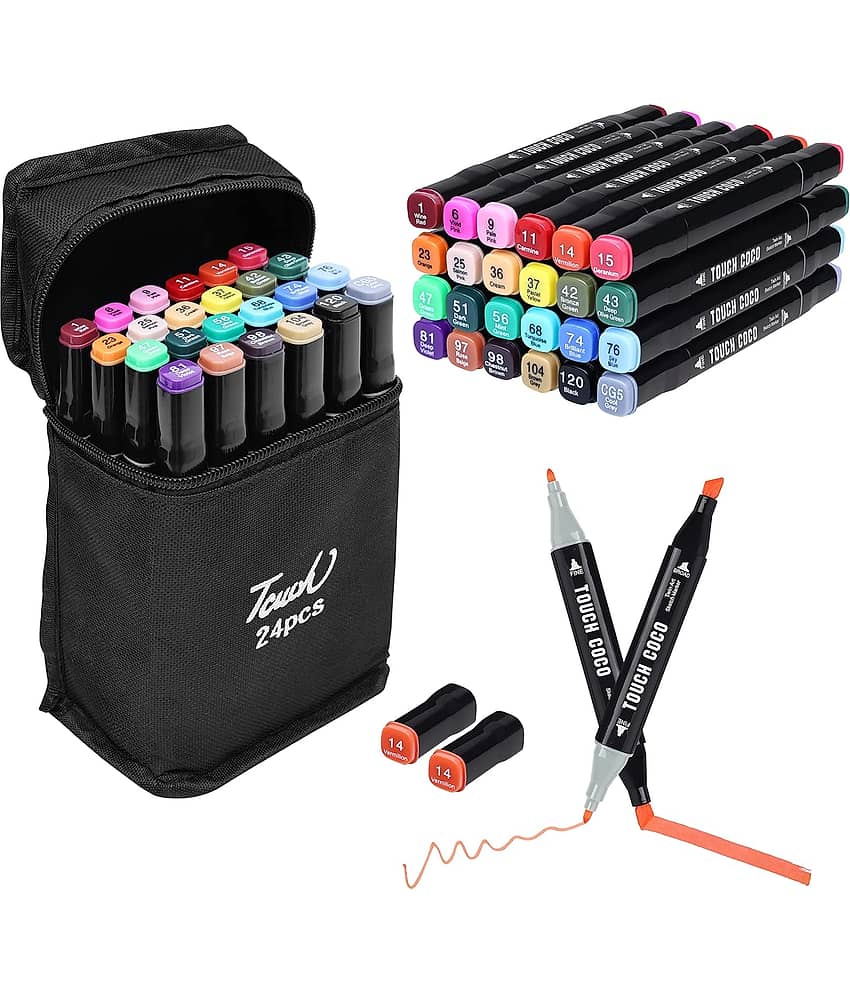 Dual Tip Art Markers-24 Colours With Carrying Case For Painting Sketching Calligraphy Drawing-Odorless Non Toxic Twin Head Permanent Colouring Marker For Kids Adult Beginners|Multicolor - Stationery | Buy online on ZillyBuy