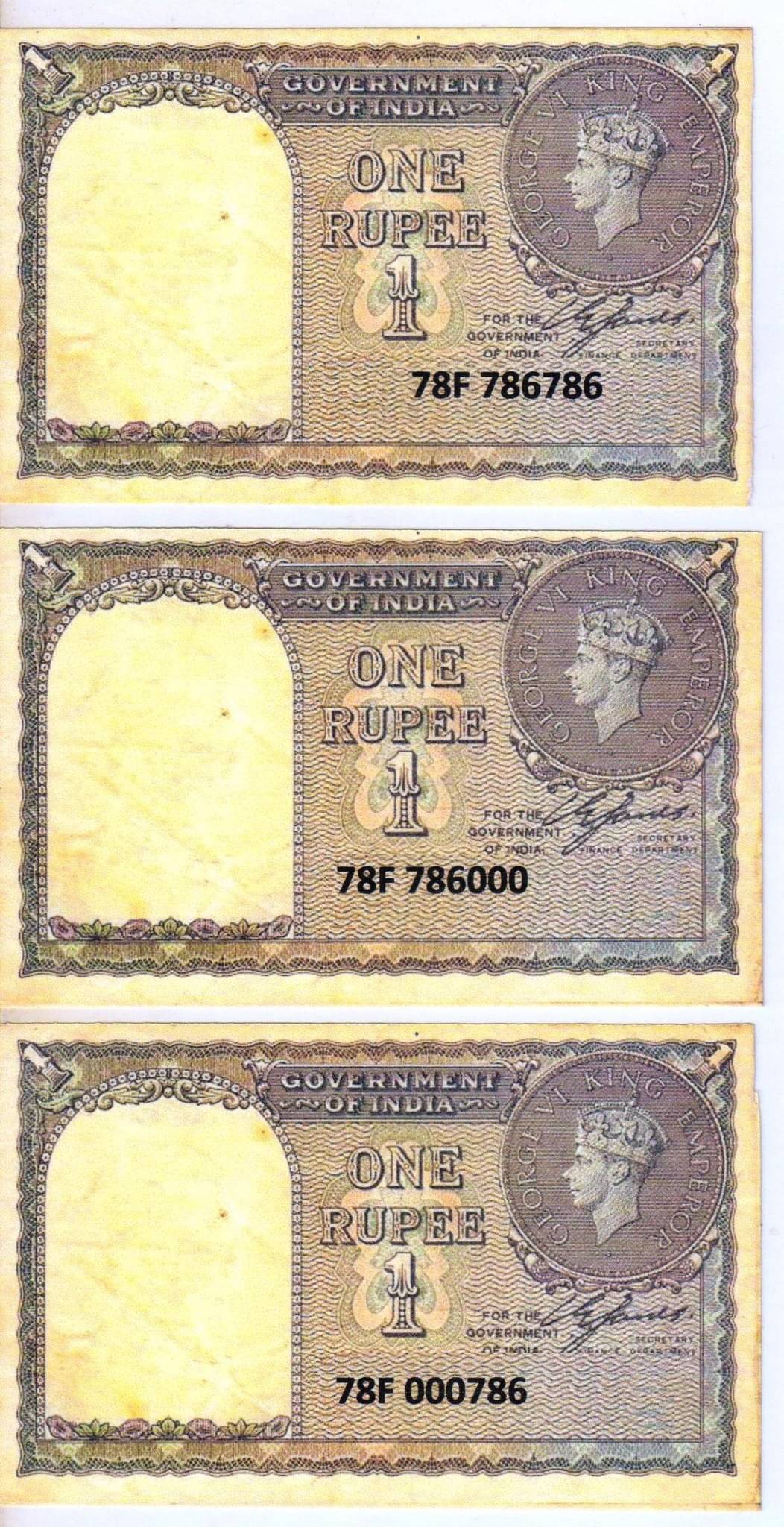 Extreme Rare 1 Rupee 1940 Year British India 786786 , 000786 and 786000 UNC 3 Notes Set Signed By C E Jones     			Extreme Rare 1 Rupee 1940 Year British India 786786 , 000786 and 786000 UNC 3 Notes Set Signed By C E Jones
