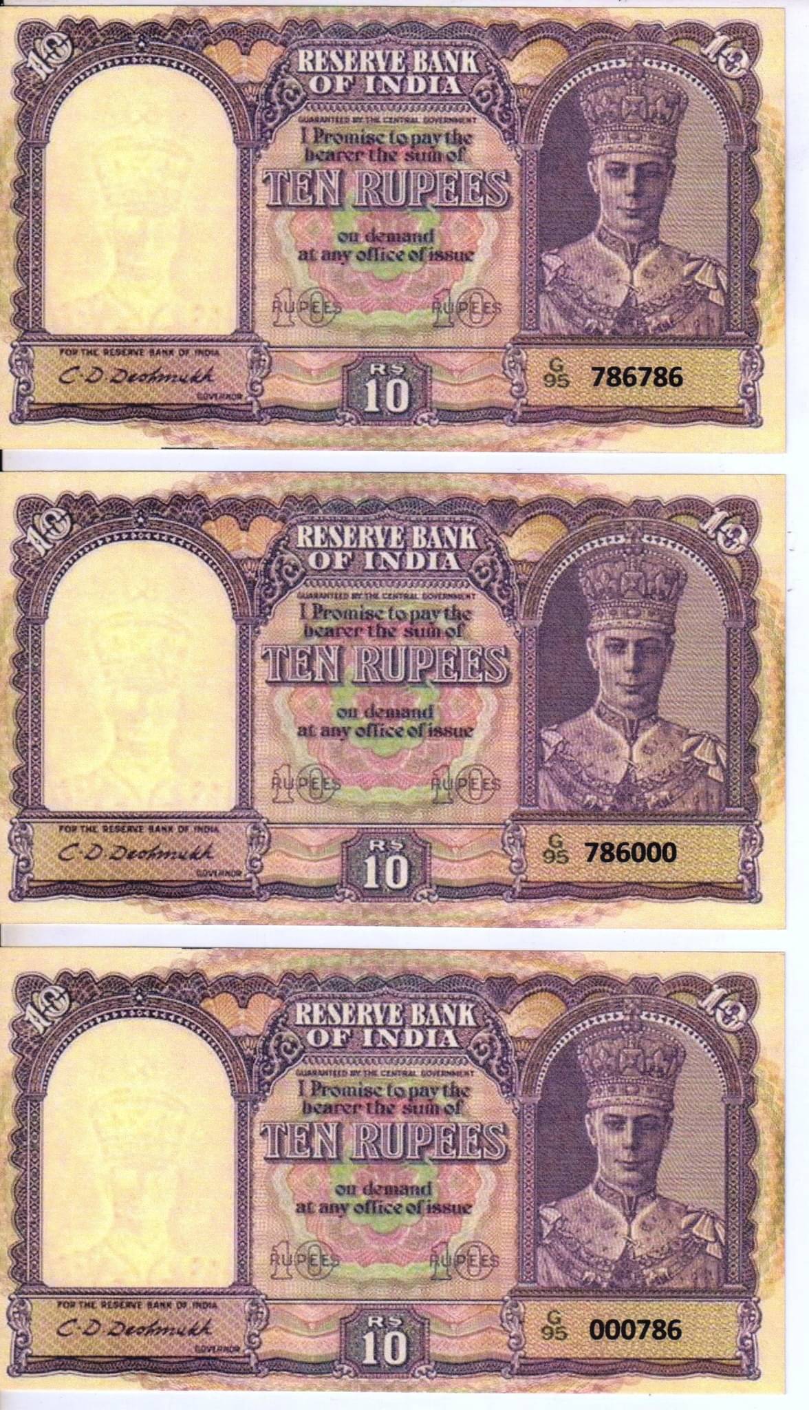 Extreme Rare 10 Rupee British India 786786 , 000786 and 786000 UNC 3 Notes Set Signed By C D Deshmukh Extreme Rare 10 Rupee British India 786786 , 000786 and 786000 UNC 3 Notes Set Signed By C D Deshmukh