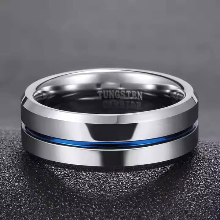 Fashion Frill Stylish Silver With Electric Blue Line  Ring For Women And Men  Stainless Steel Ring For Women And Men Gift For Him Her