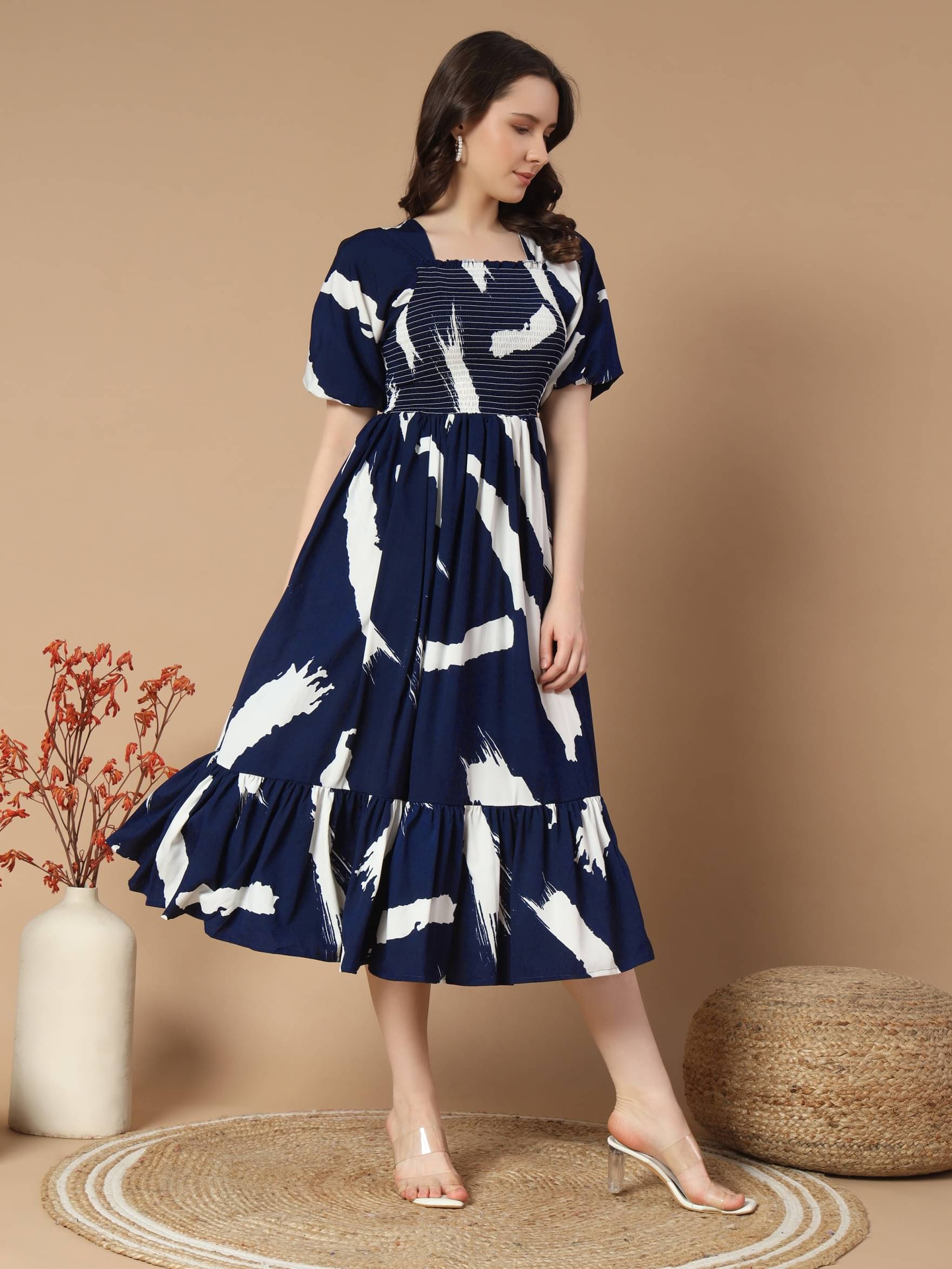 Femvy Women Polyester Printed Fit & Flare Dress ( Navy ) Femvy Women Polyester Printed Fit & Flare Dress ( Navy )