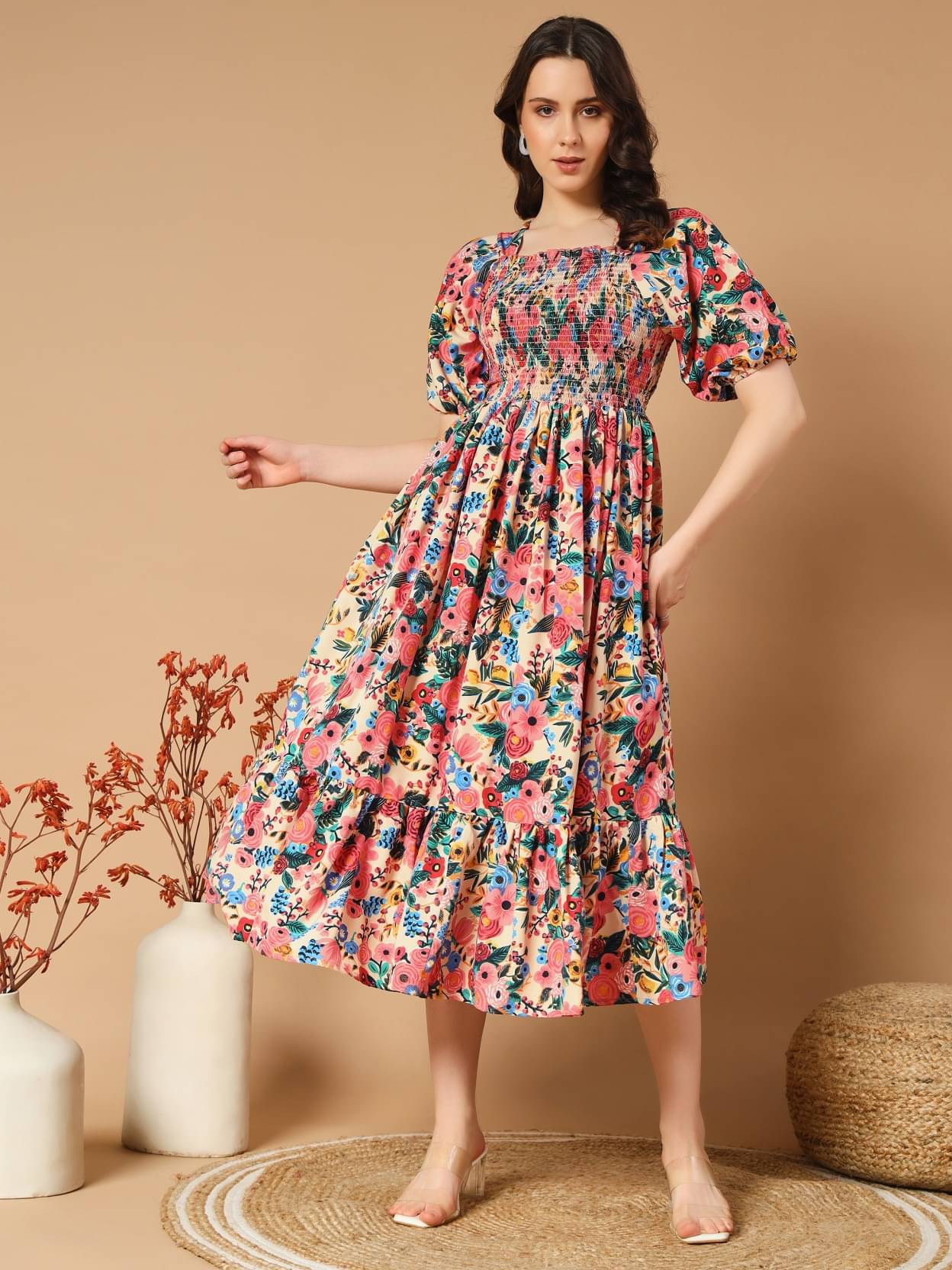 JASH CREATION Women Polyester Printed Fit & Flare Dress ( Beige ) JASH CREATION Women Polyester Printed Fit & Flare Dress ( Beige )