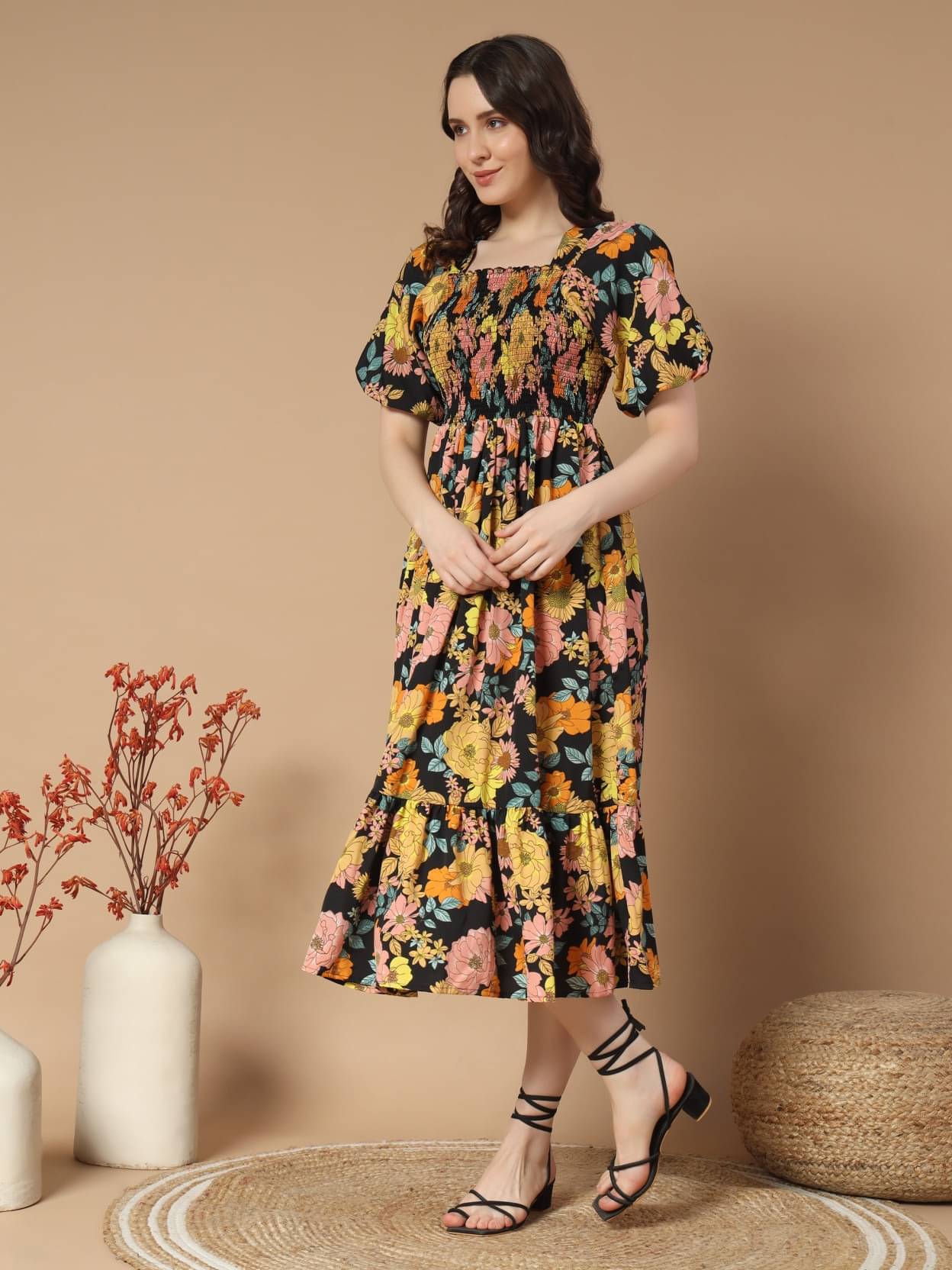 JASH CREATION Polyester Printed Midi Women's Fit & Flare Dress - Yellow ( Pack of 1 ) JASH CREATION Polyester Printed Midi Women's Fit & Flare Dress - Yellow ( Pack of 1 )