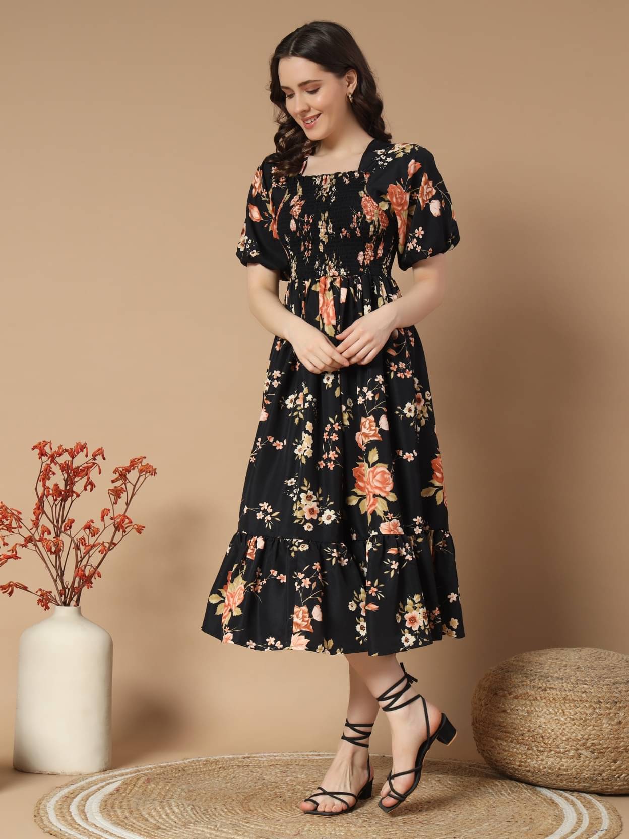 JASH CREATION Polyester Printed Midi Women's Fit & Flare Dress - Gold ( Pack of 1 ) JASH CREATION Polyester Printed Midi Women's Fit & Flare Dress - Gold ( Pack of 1 )