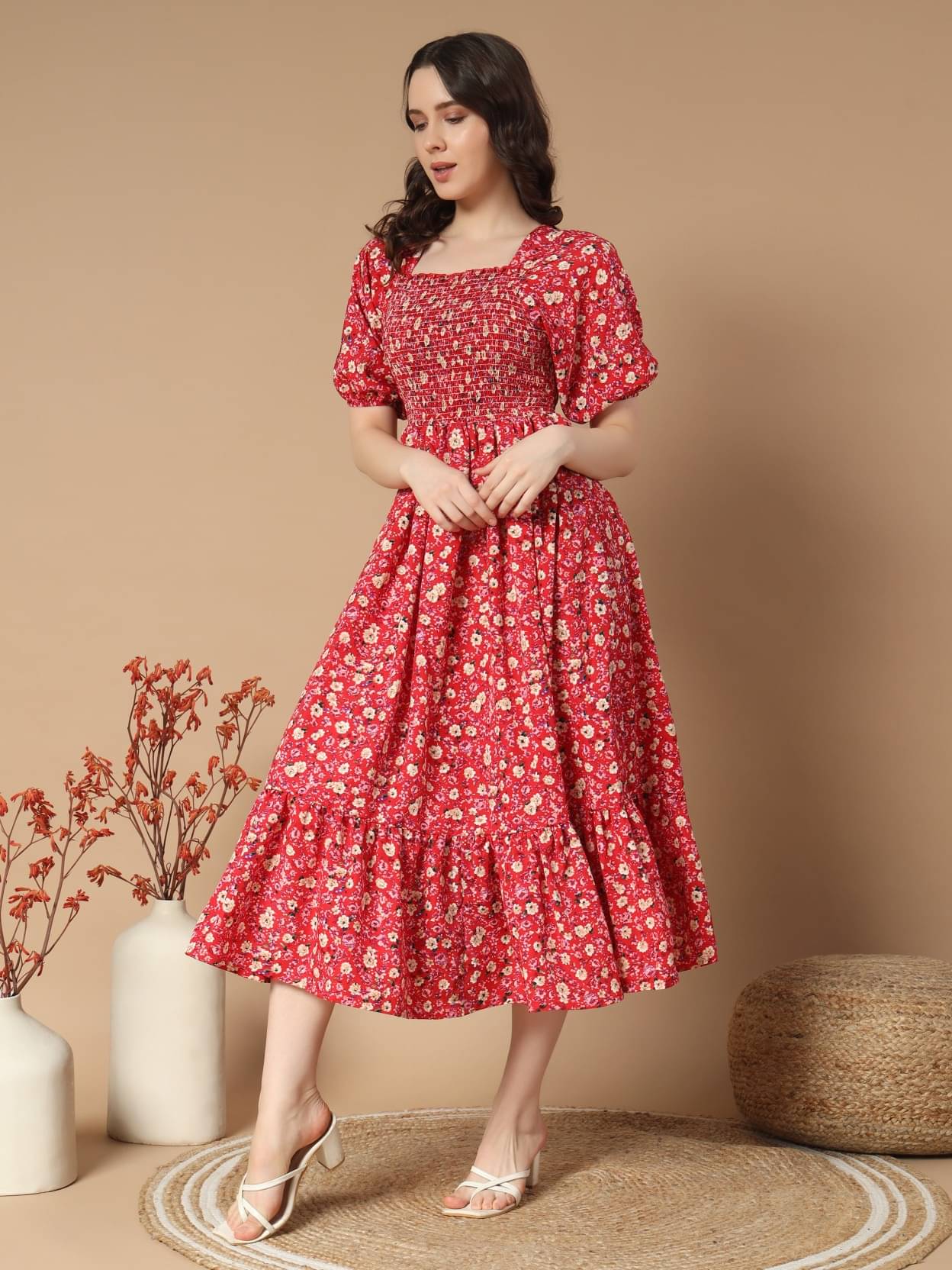     			JASH CREATION Women Polyester Printed Fit & Flare Dress ( Peach )