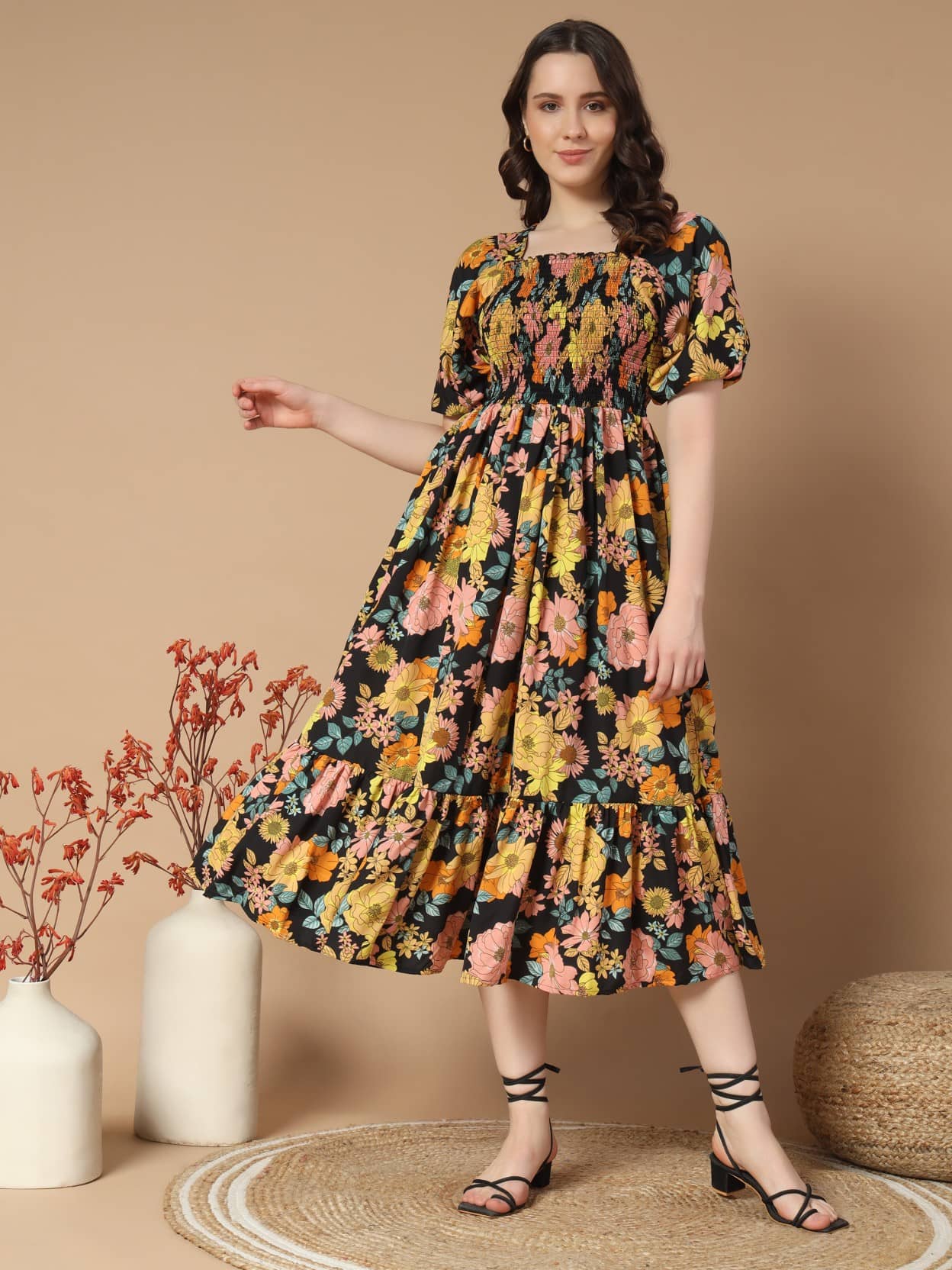 JASH CREATION Women Polyester Printed Fit & Flare Dress ( Gold )