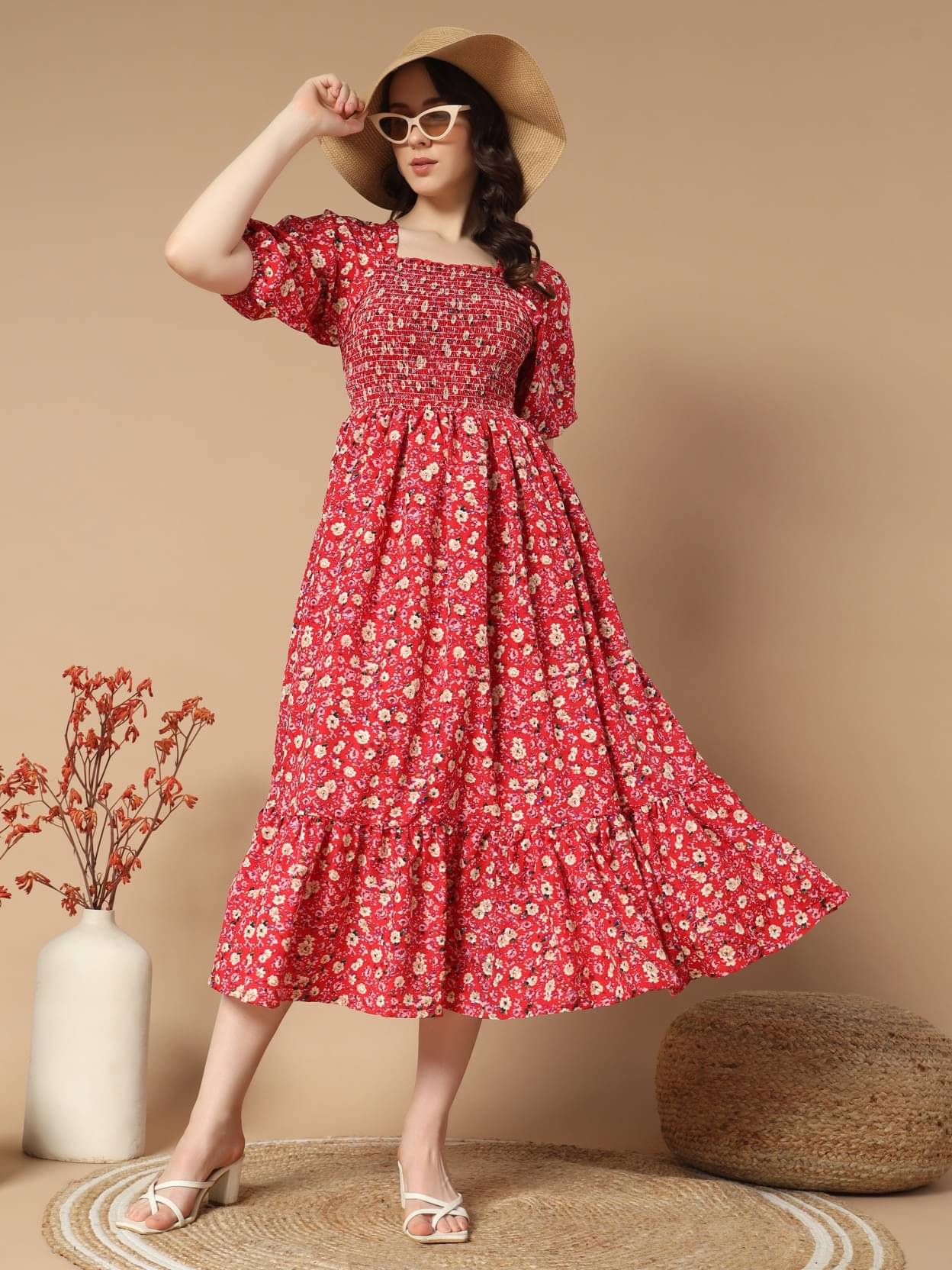 JASH CREATION Polyester Printed Midi Women's Fit & Flare Dress - Peach ( Pack of 1 ) JASH CREATION Polyester Printed Midi Women's Fit & Flare Dress - Peach ( Pack of 1 )