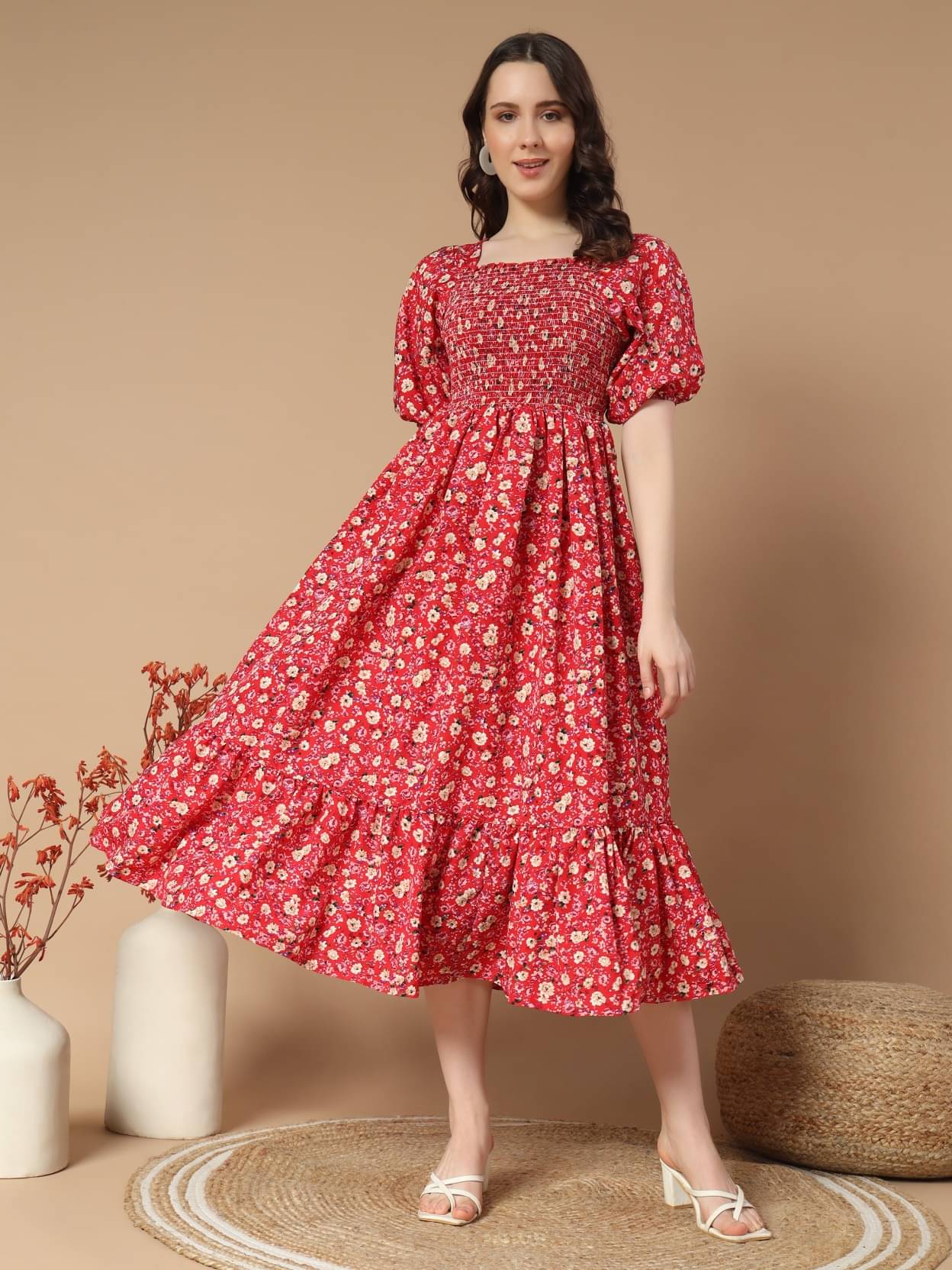 JASH CREATION Polyester Printed Midi Women's Fit & Flare Dress - Peach ( Pack of 1 ) JASH CREATION Polyester Printed Midi Women's Fit & Flare Dress - Peach ( Pack of 1 )