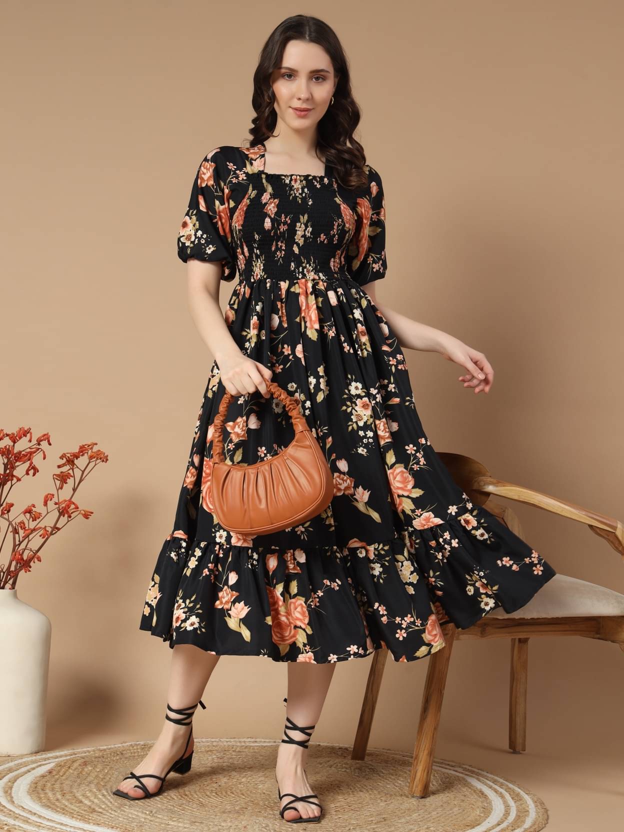 JASH CREATION Women Polyester Printed Fit & Flare Dress ( Gold ) JASH CREATION Women Polyester Printed Fit & Flare Dress ( Gold )