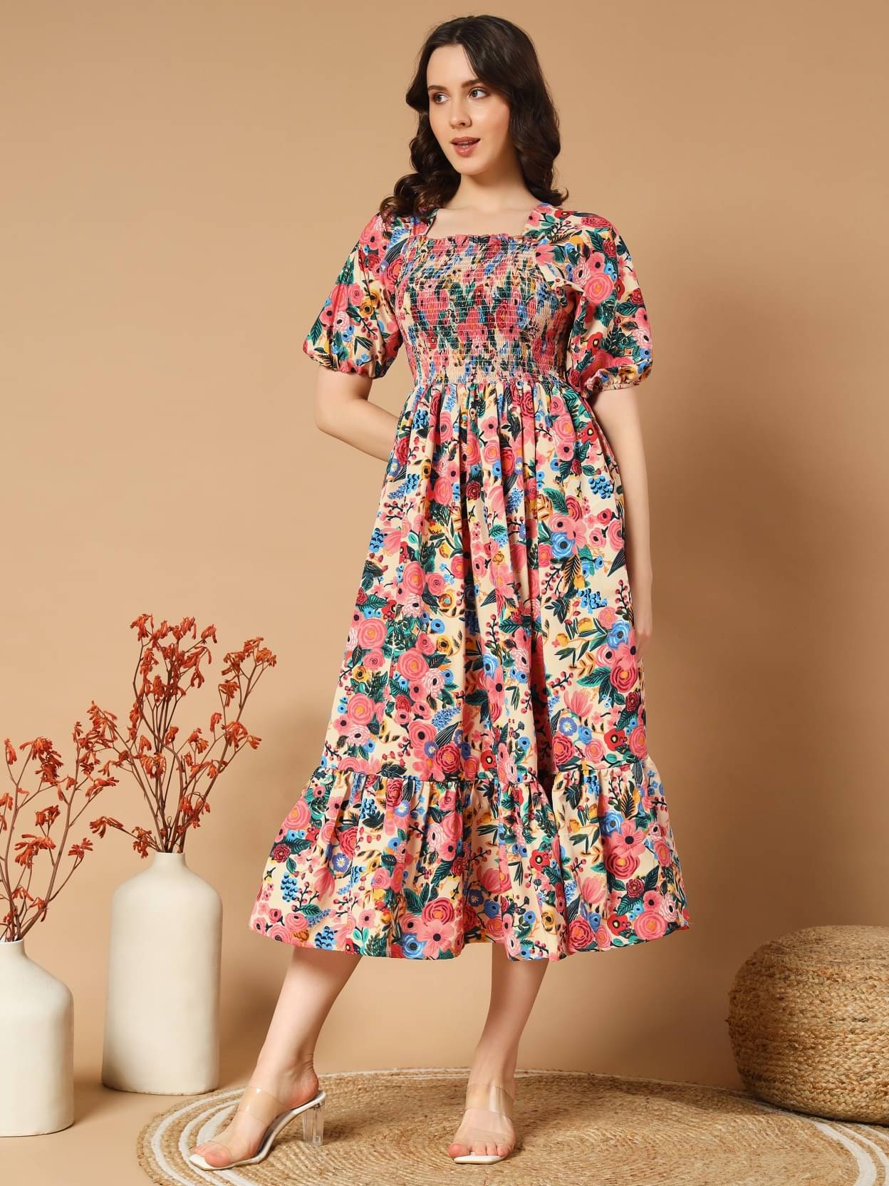 JASH CREATION Women Polyester Printed Fit & Flare Dress ( Beige ) JASH CREATION Women Polyester Printed Fit & Flare Dress ( Beige )