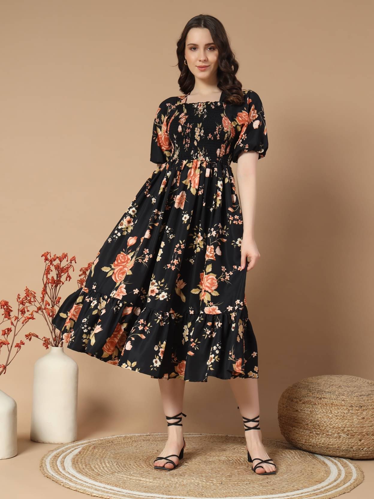 JASH CREATION Polyester Printed Midi Women's Fit & Flare Dress - Gold ( Pack of 1 ) JASH CREATION Polyester Printed Midi Women's Fit & Flare Dress - Gold ( Pack of 1 )
