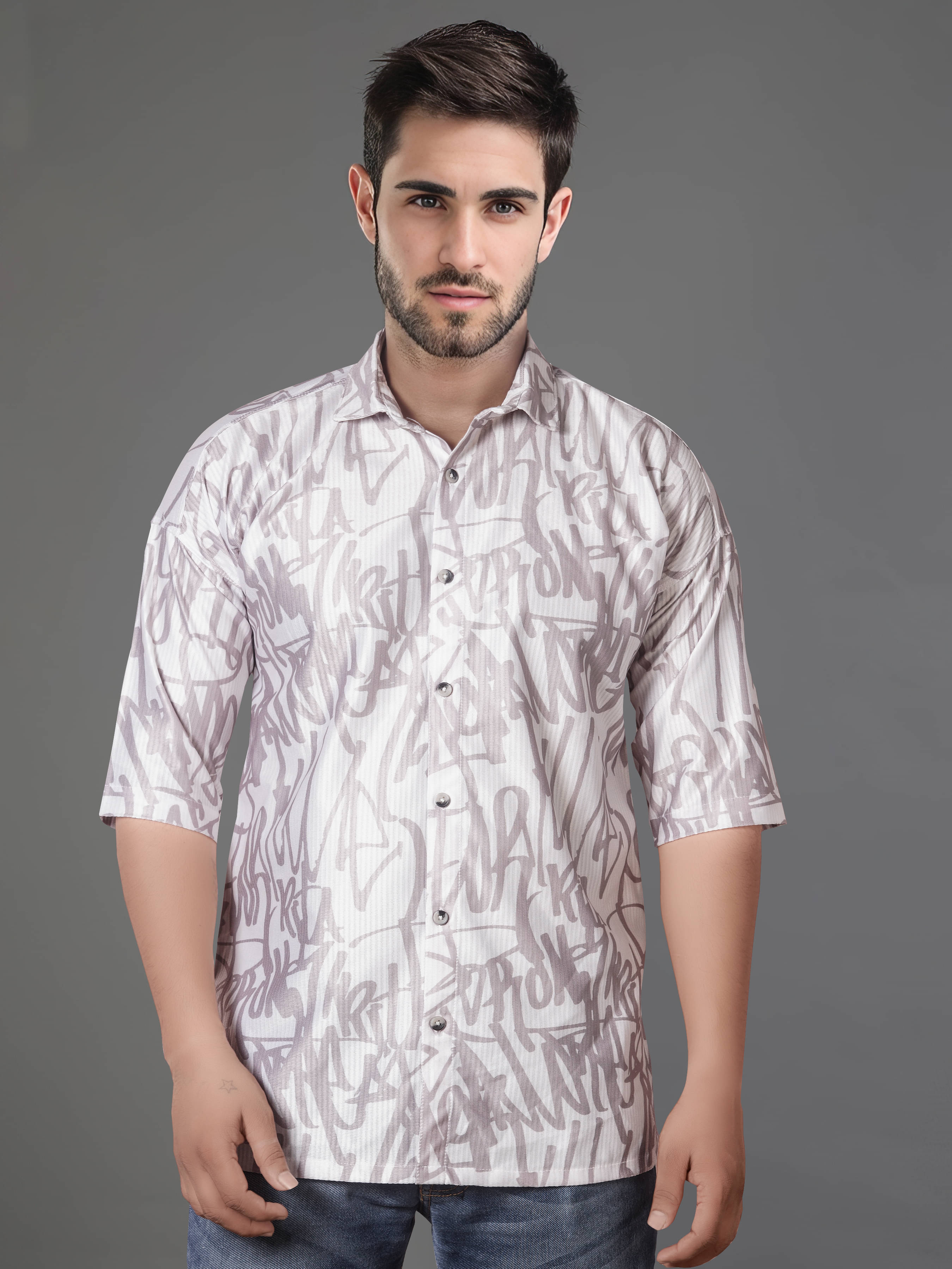     			JB JUST BLACK Cotton Blend Oversized Fit Printed 3/4th Sleeves Men's Casual Shirt - Grey ( Pack of 1 )