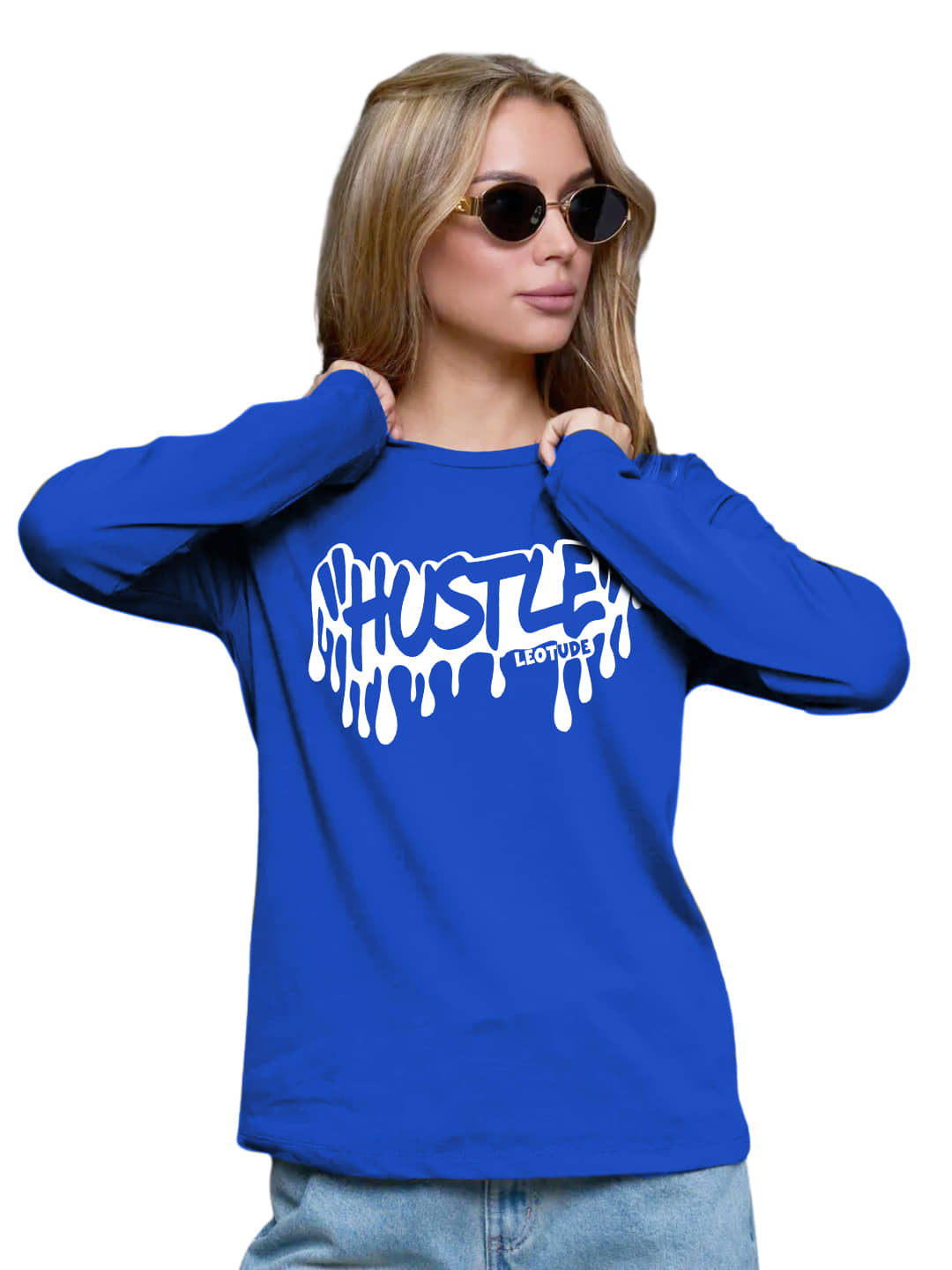 Leotude Women Cotton Blend Printed Oversized Fit Round Neck T-Shirt ( Blue )