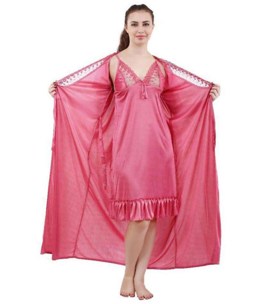 Romaisa Satin Nighty & Night Gowns - Pink Single Romaisa Satin Nighty & Night Gowns - Pink Single