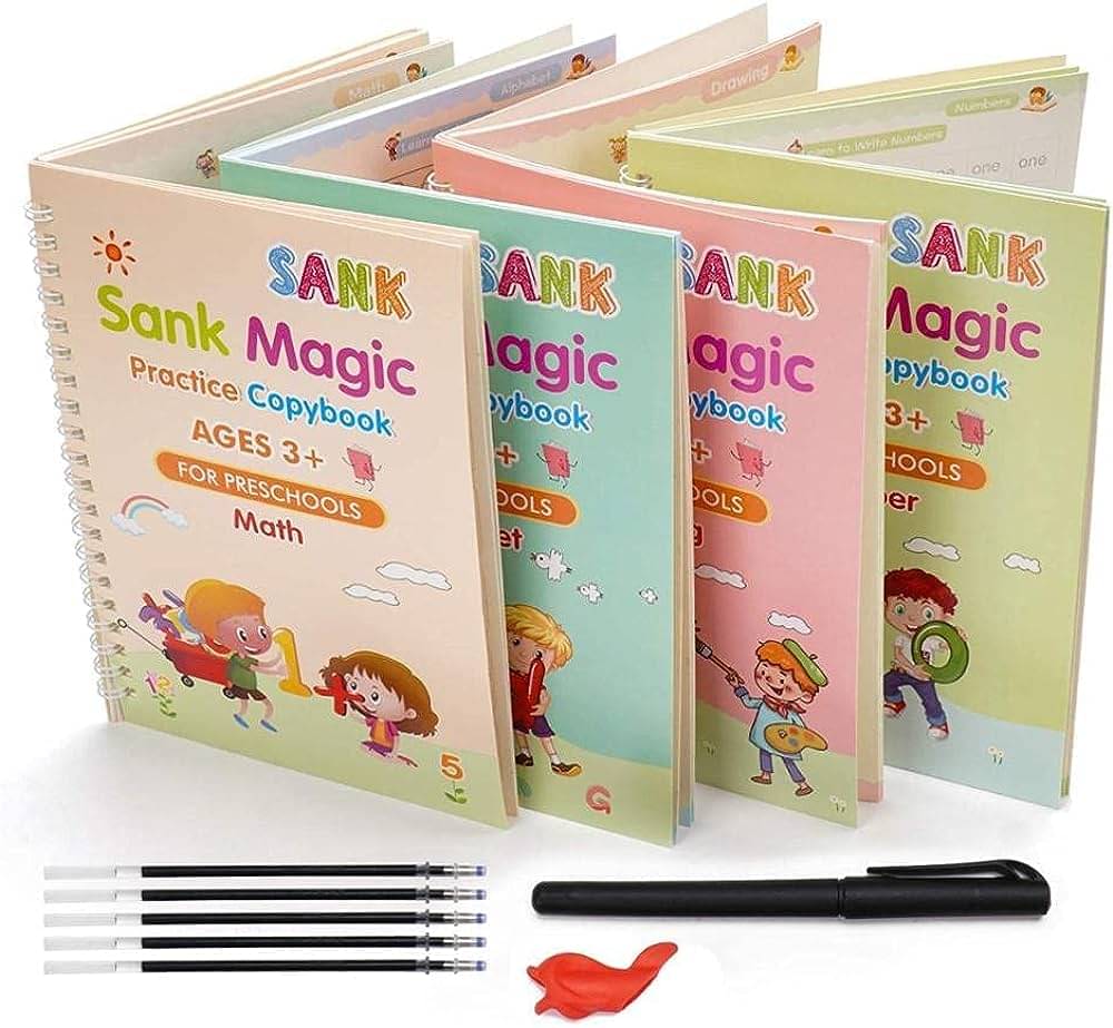     			Sank Magic Practice Copybook, (4 Book + 10 Refill) Number Tracing Book for Preschoolers with Pen, Magic Calligraphy Copybook Set Practical Reusable Writing Tool Simple Hand Lettering