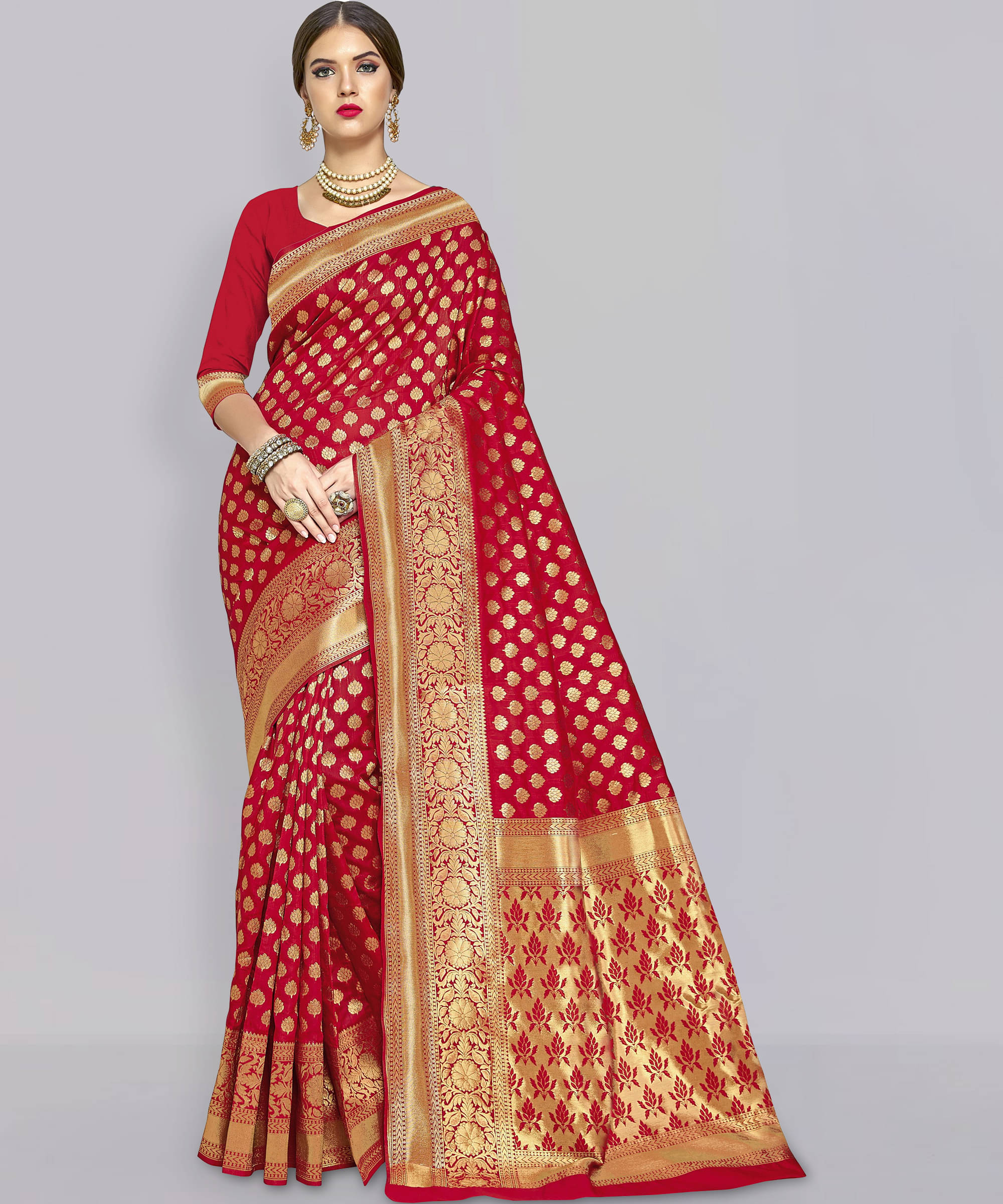 Sariya Jacquard Embellished Saree With Unstitched Blouse Piece ( Red ) Sariya Jacquard Embellished Saree With Unstitched Blouse Piece ( Red )