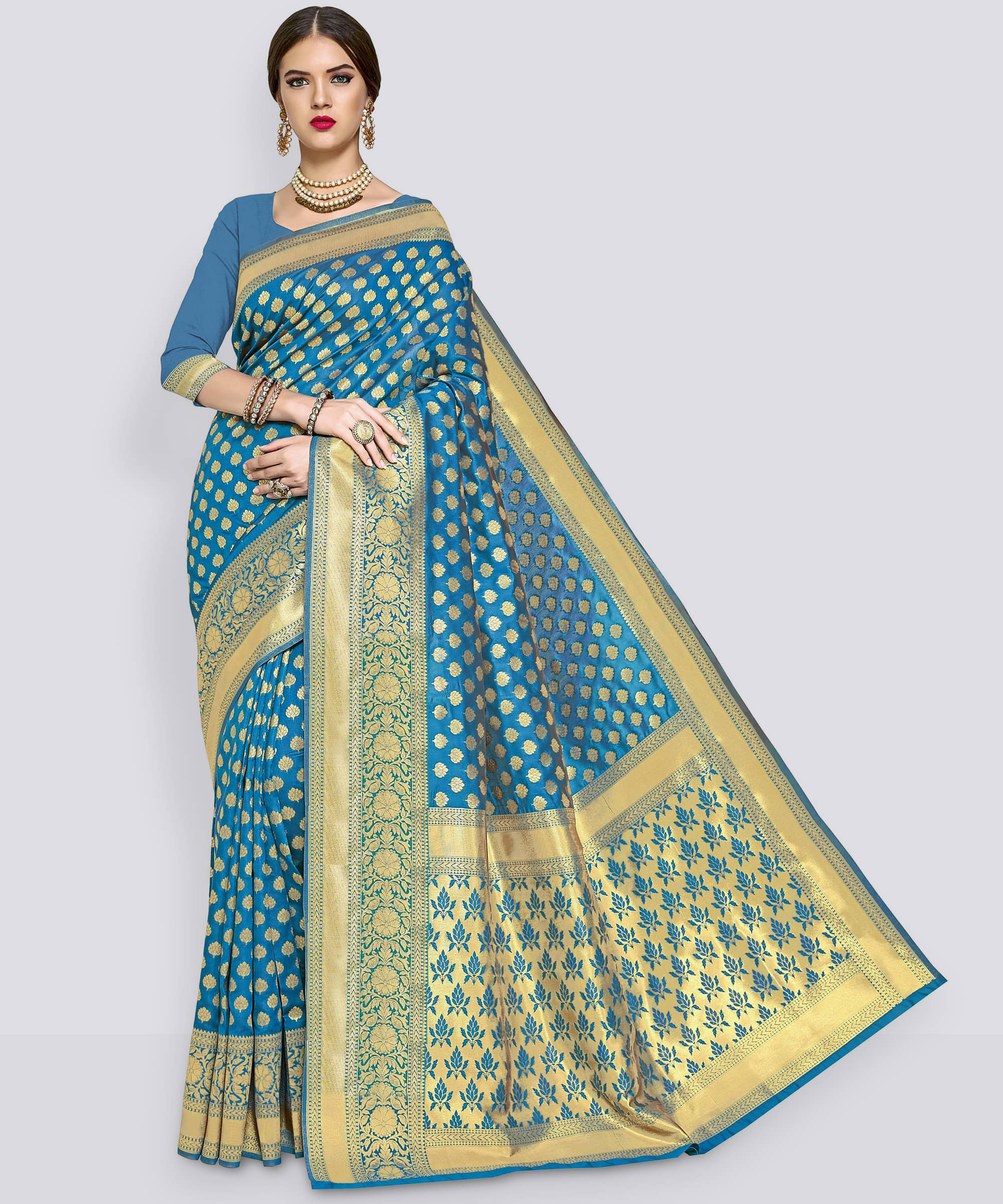     			Sariya Jacquard Embellished Saree With Unstitched Blouse Piece ( LightBLue )