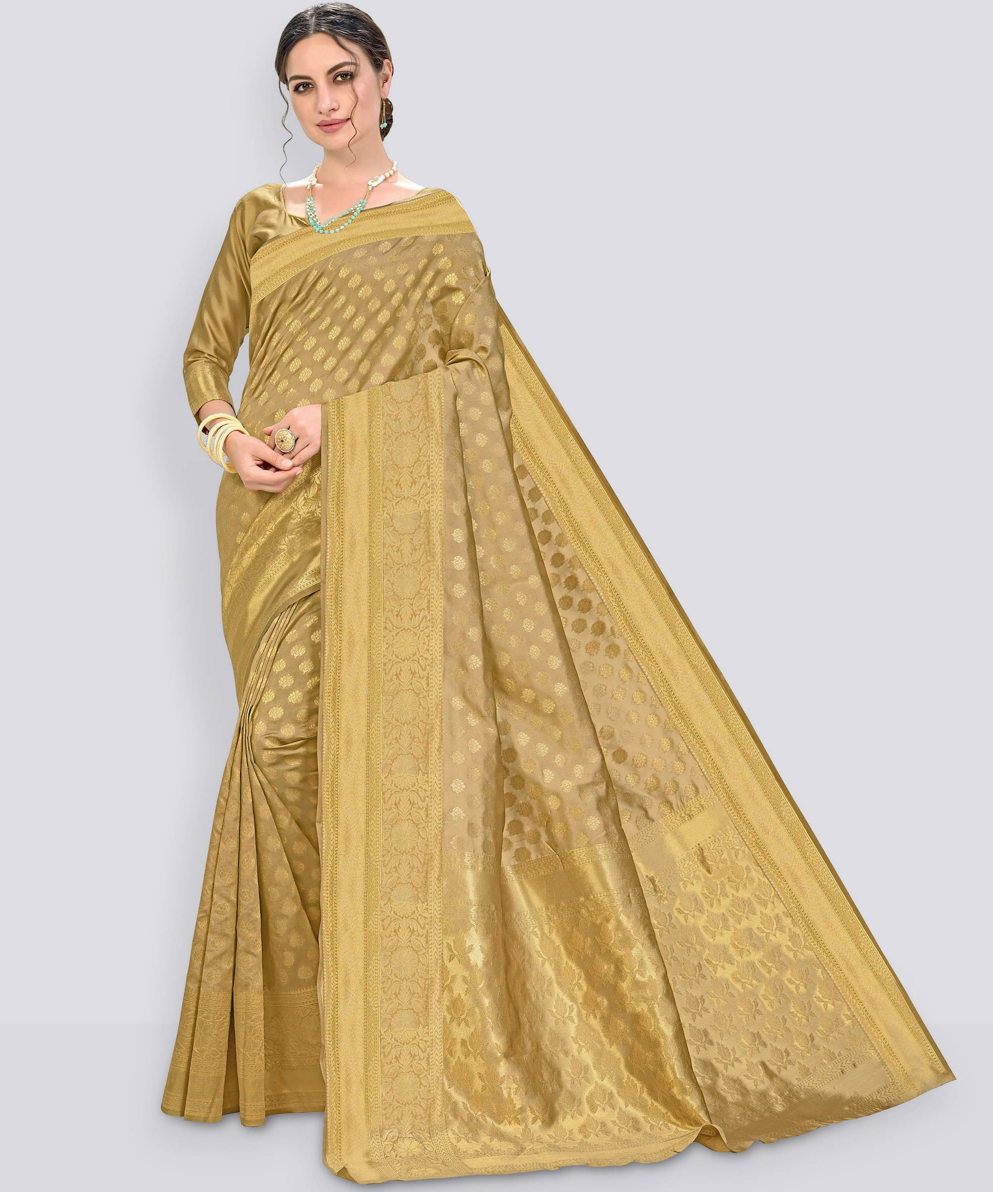 Sariya Jacquard Embellished Saree With Unstitched Blouse Piece ( Gold ) Sariya Jacquard Embellished Saree With Unstitched Blouse Piece ( Gold )