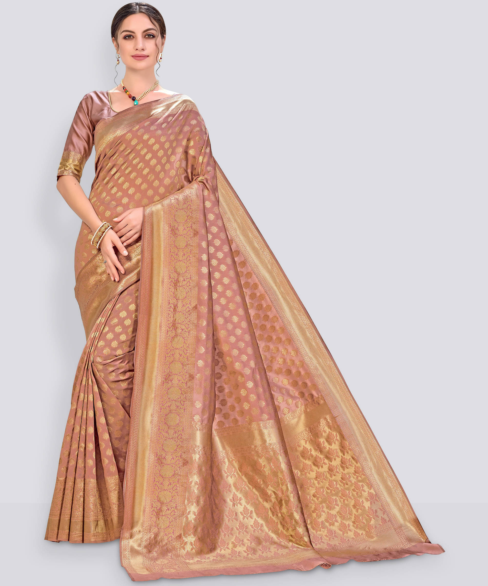 Sariya Jacquard Embellished Saree With Unstitched Blouse Piece ( Brown ) Sariya Jacquard Embellished Saree With Unstitched Blouse Piece ( Brown )