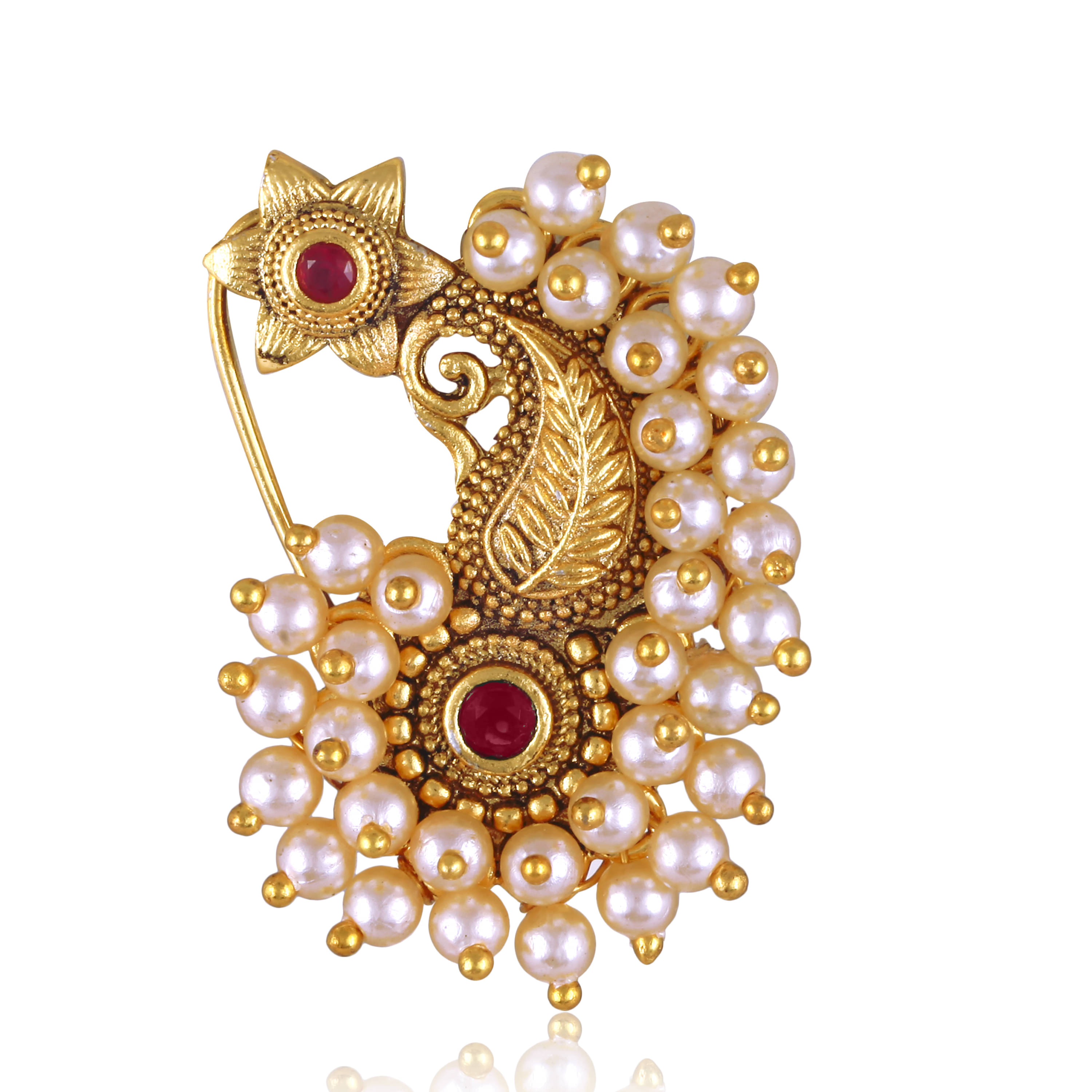 Vivastri's Premium & Uniuqe Colourfull Pearl Beaded Alloy Gold Plated Nosepin For Women -VIVA1287NTH-PRESS-RED Vivastri's Premium & Uniuqe Colourfull Pearl Beaded Alloy Gold Plated Nosepin For Women -VIVA1287NTH-PRESS-RED