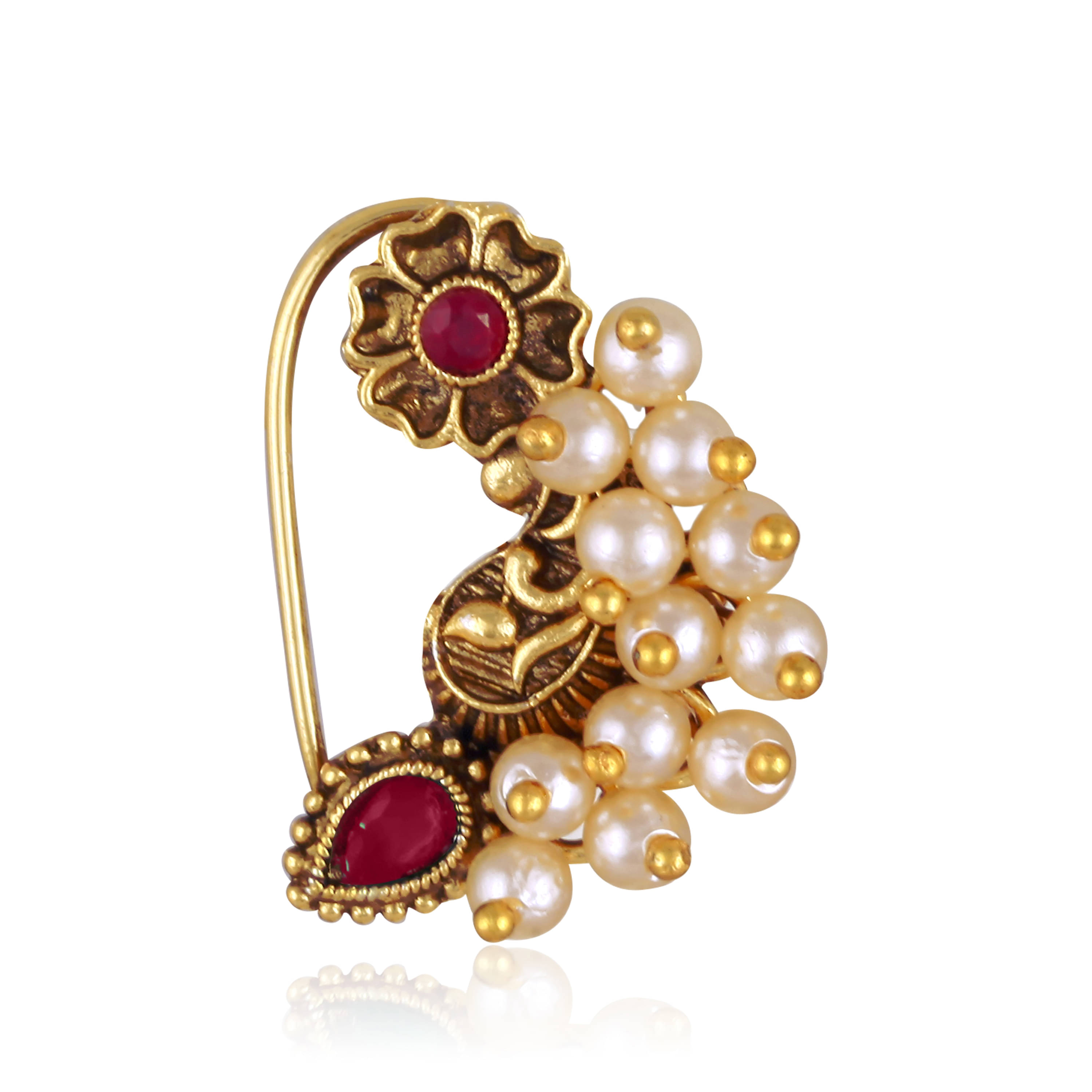 Vivastri's Premium & Uniuqe Colourfull Pearl Beaded Alloy Gold Plated Nosepin For Women -VIVA1293NTH-PRESS-RED     			Vivastri's Premium & Uniuqe Colourfull Pearl Beaded Alloy Gold Plated Nosepin For Women -VIVA1293NTH-PRESS-RED