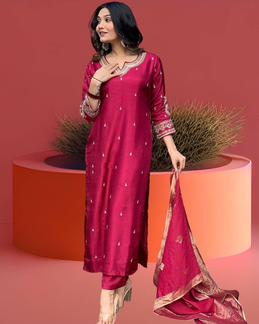     			Any Fab Silk Blend Embroidered Kurti With Pants Women's Stitched Salwar Suit - Maroon ( Pack of 1 )