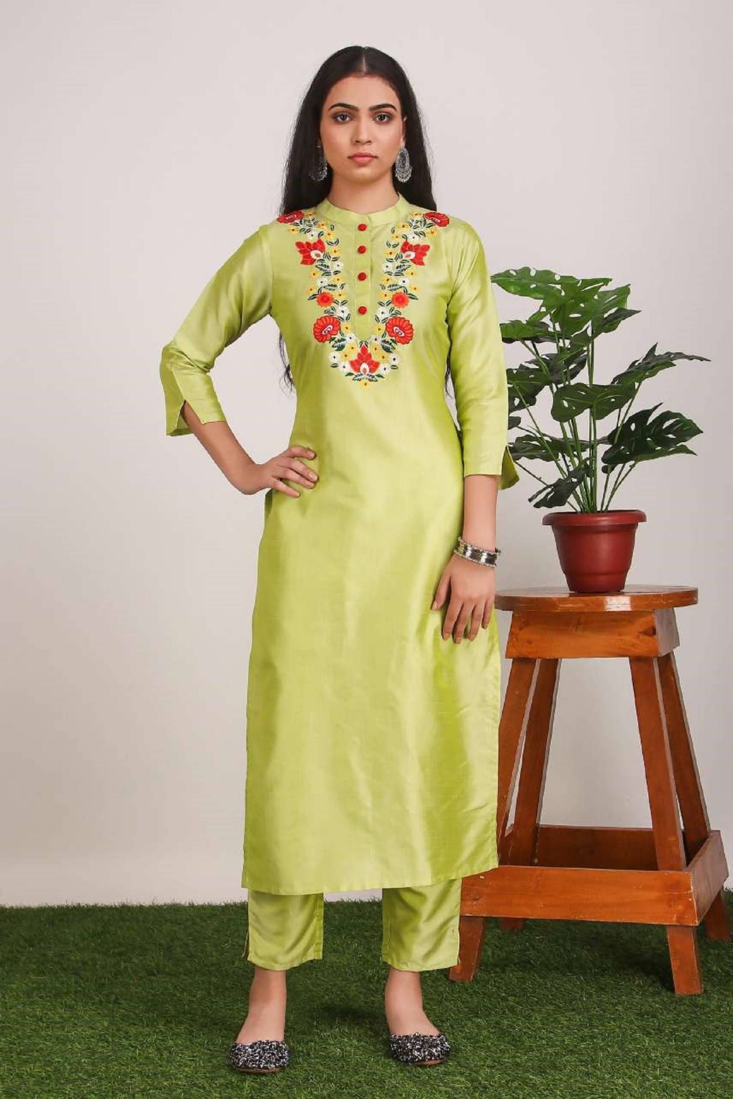     			Any Fab Silk Blend Embroidered Kurti With Pants Women's Stitched Salwar Suit - Green ( Pack of 1 )