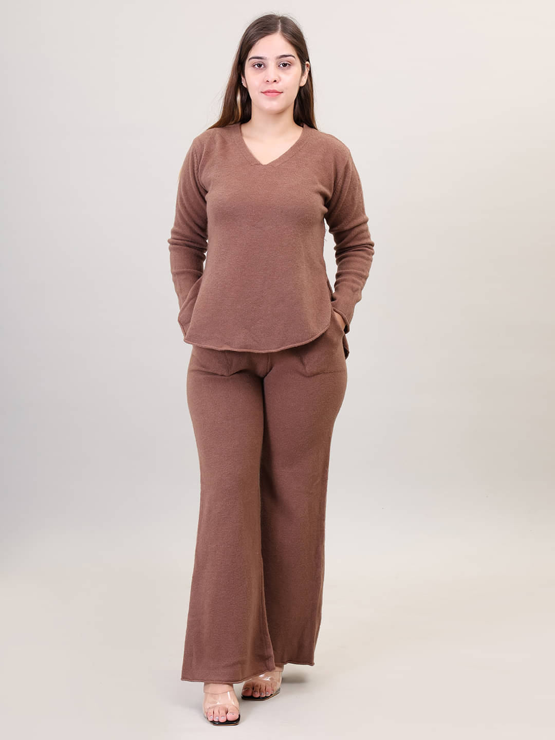     			Camey Women Solid Sweater With Palazzos Co-Ord Set ( Khaki )