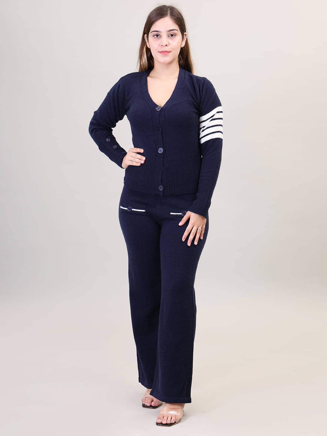     			Camey Women Solid Sweater With Palazzos Co-Ord Set ( Navy )