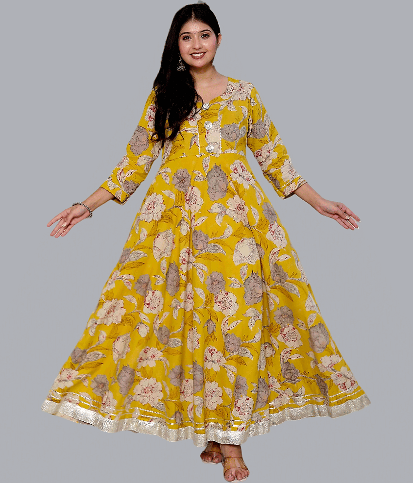 Doriyaan Cotton Printed Anarkali Women's Kurti - Yellow ( Pack of 1 ) - Kurtis, Tunics | Buy online on ZillyBuy