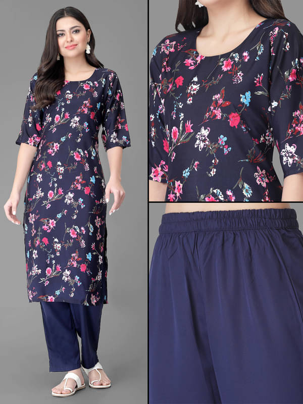 Ethnic Basket Pack of 1 Crepe Printed A-line Women's Kurti - ( Navy Blue ) Ethnic Basket Pack of 1 Crepe Printed A-line Women's Kurti - ( Navy Blue )