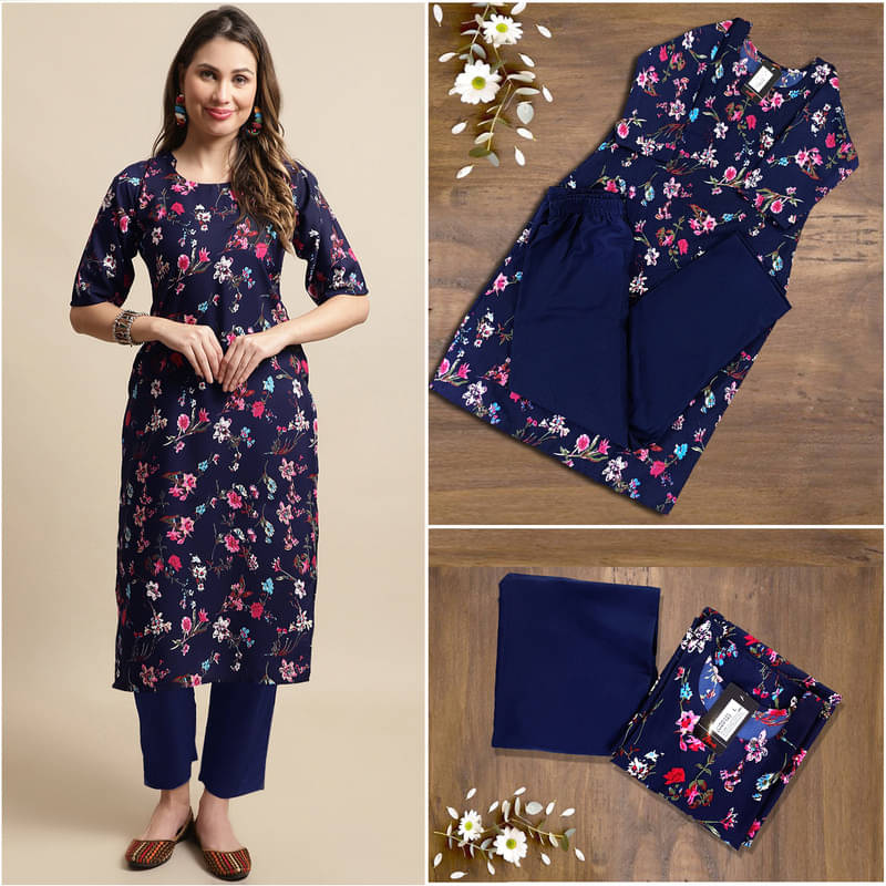 Ethnic Basket Pack of 1 Crepe Printed A-line Women's Kurti - ( Navy Blue ) Ethnic Basket Pack of 1 Crepe Printed A-line Women's Kurti - ( Navy Blue )