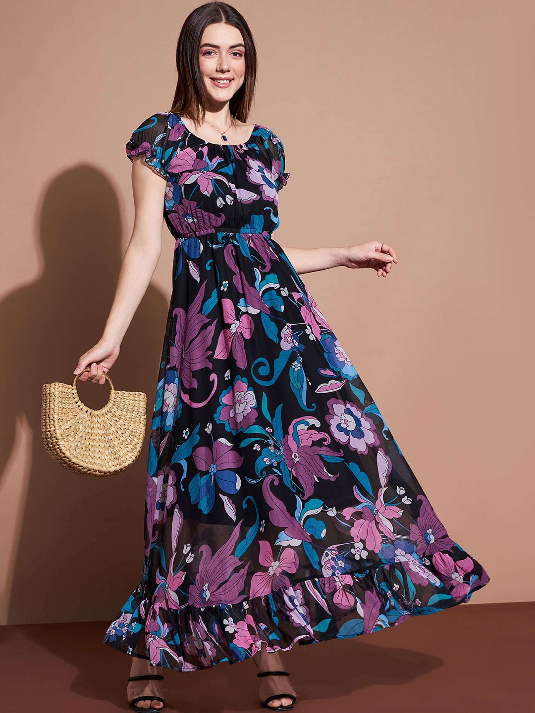 JASH CREATION Women Georgette Printed Fit & Flare Dress ( Black ) JASH CREATION Women Georgette Printed Fit & Flare Dress ( Black )